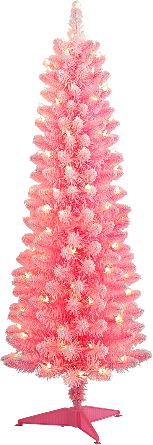 Puleo International Pre-Lit 4.5' Flocked Pencil Artificial Christmas Tree with 100 Lights, Purple