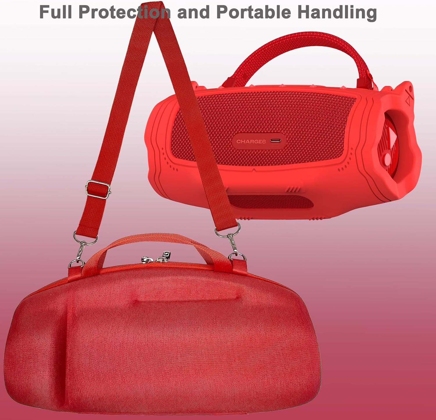 JCHPINE Silicone Cover and Hard Carrying Case for JBL Charge 6 Portable Bluetooth Speaker Accessories, Protective Cases for JBL Charge 6 AI Sound Bluetooth Speaker with Shoulder Strap (Red) - Image 3