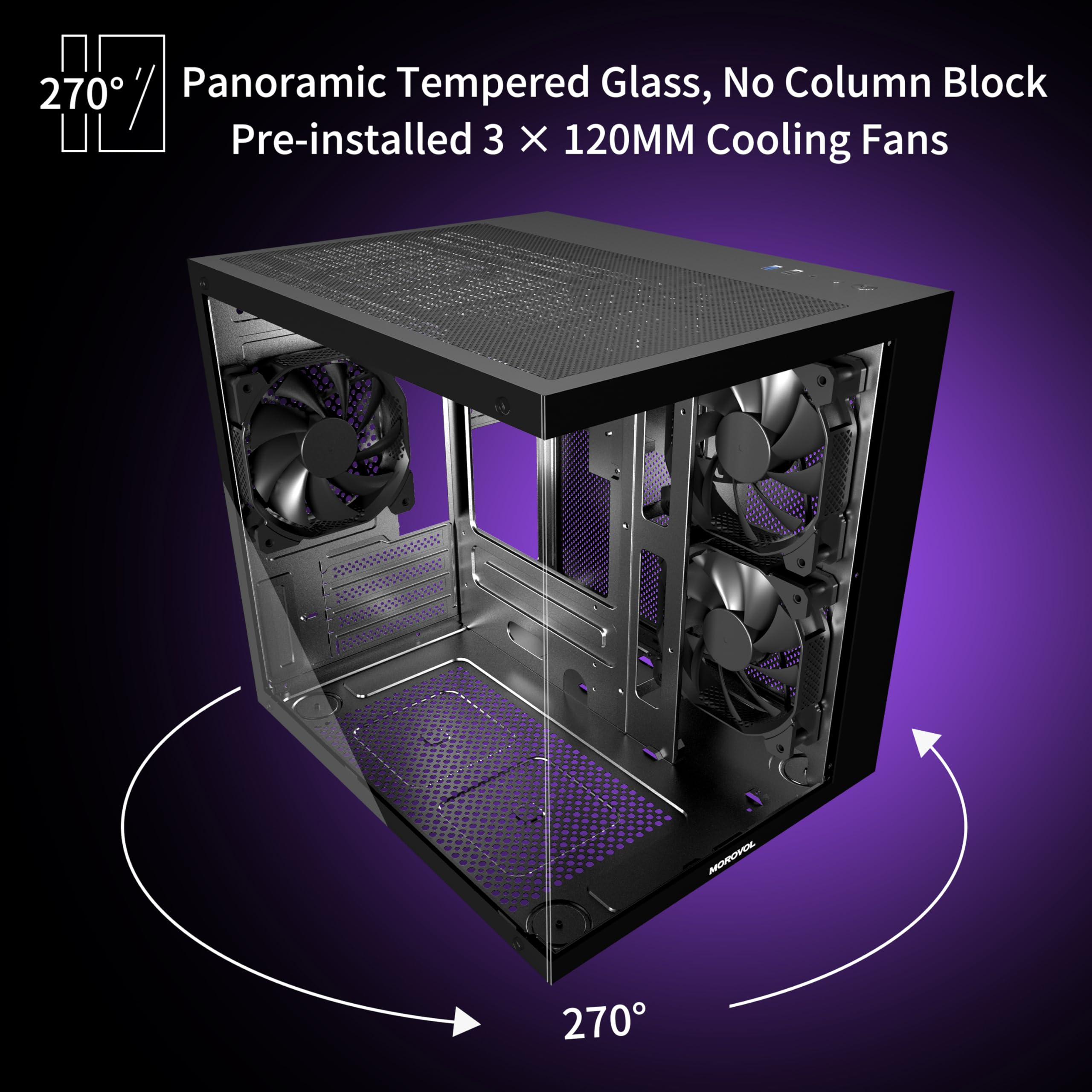 MATX - Funda de PC con panel de vidrio templado panorámico de 270°, 3 ventiladores preinstalados Micro-ATX, USB 3.0, negro (V3) 4