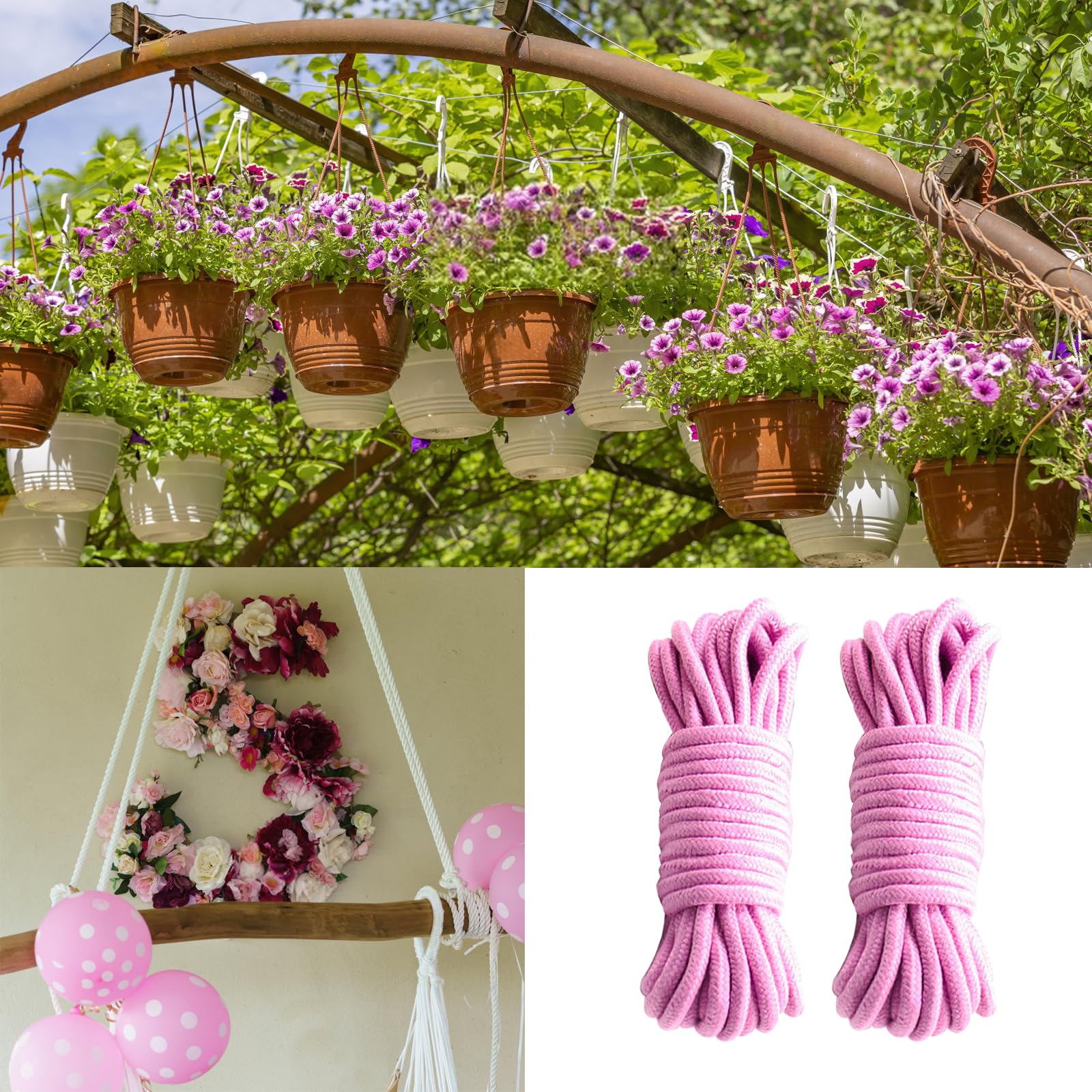 2 Pezzi Corda in Cotone Morbido, Rosa Corda in Cotone Morbido, Corda di Cotone Spessa Rosa, 10m/pc, per Campeggio, Rimorchio di Guerra, All'aperto Giardino (Rosa)
