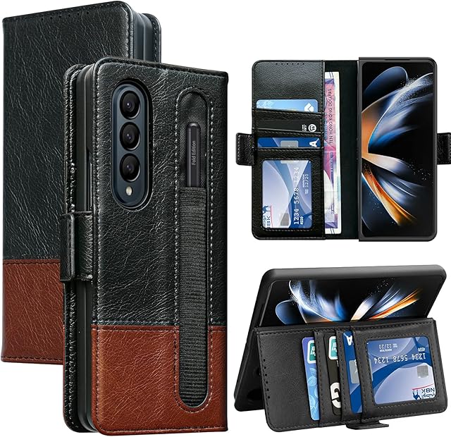 Vizvera for Samsung Galaxy Z Fold 4 Leather Case with S Pen Slot, Built-in wallet card slot, Full Body Anti-Scratch Hard Cover for Samsung Galaxy Z Fold 4 5G-Black