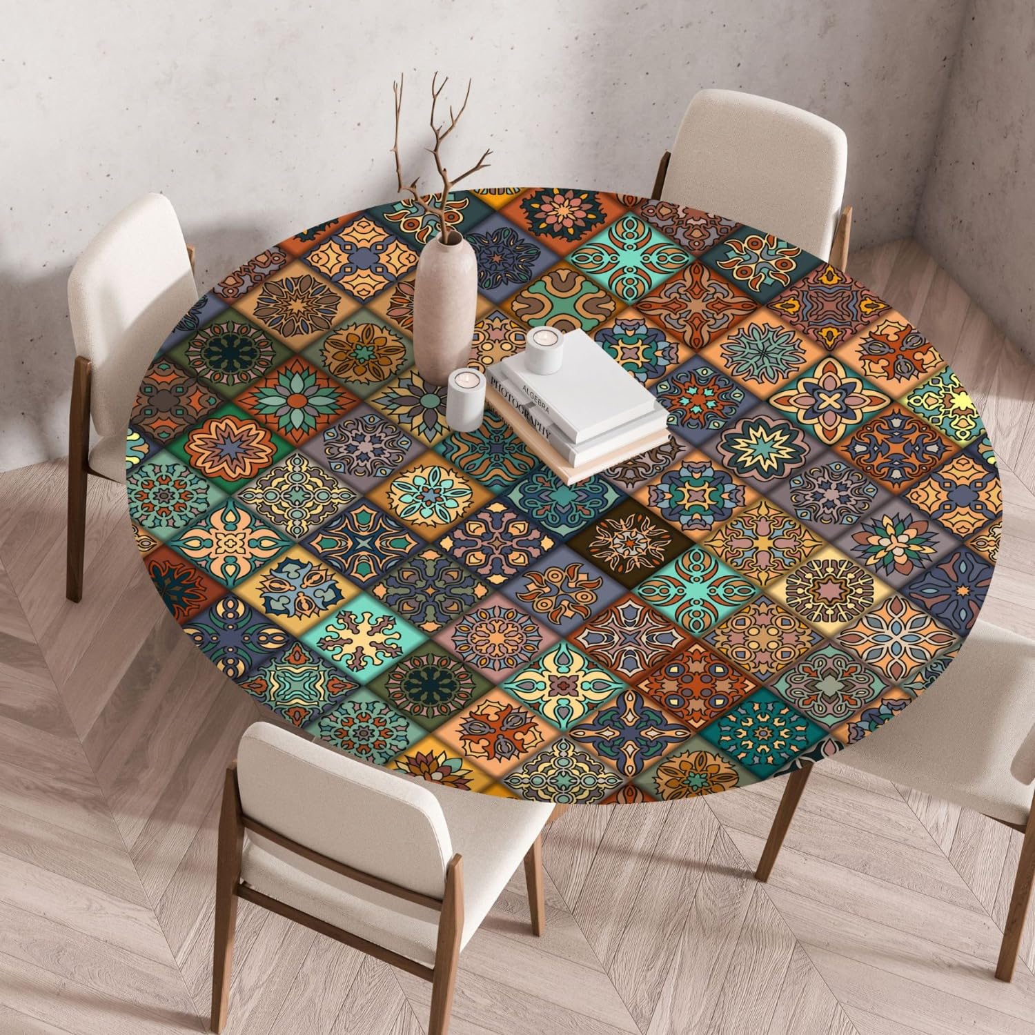 Boho Tablecloth Round, Outdoor Tablecloth Washable Round, Elastic Garden Tablecloth Weatherproof Tablecloth with Elastic Band for Balcony, Garden (Style 1.140 cm)