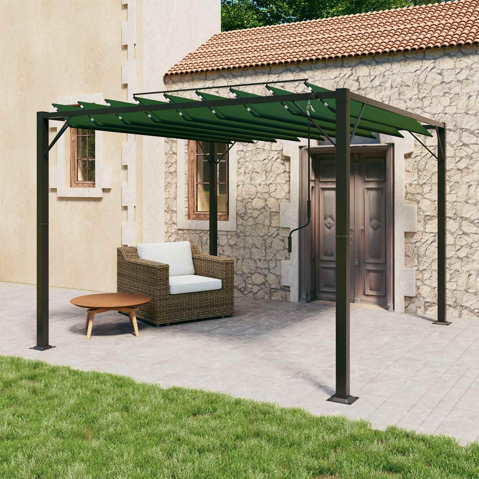 Gazebo z regulowanym dachem lamelowym, aluminiowa rama, 3 x 3 x 2,14 m, zielona, wodoszczelny poliester, idealna jako namiot ogrodowy, pergola, ochrona przed słońcem na taras, imprezę