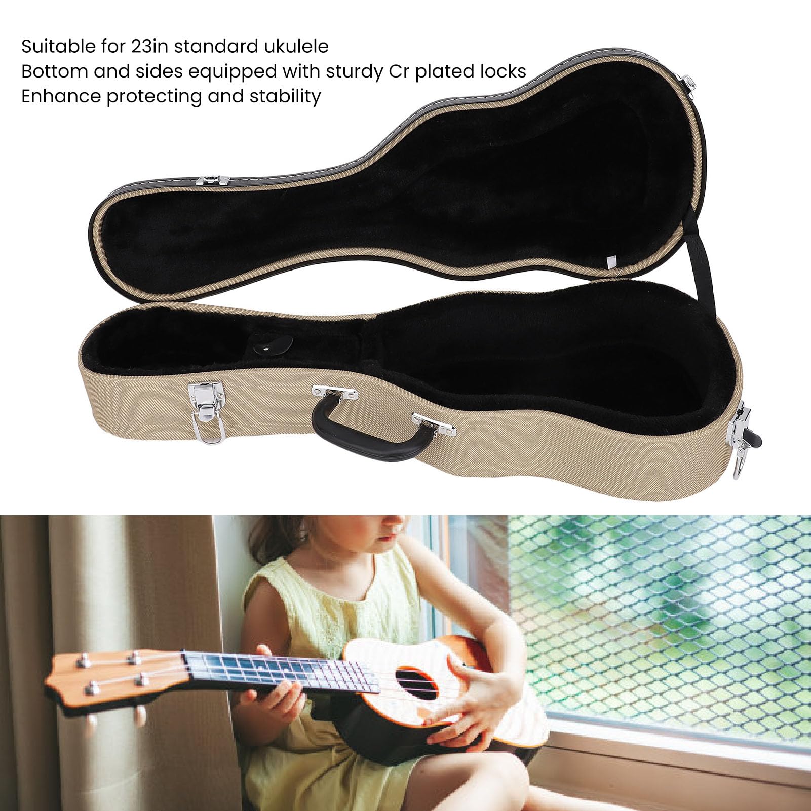Fafeicy 23-calowy futerał na Ukulele Tenorowe, Zamykany, Skórzany, Ochronny, z grubą wyściółką i Przegródkami do Przechowywania