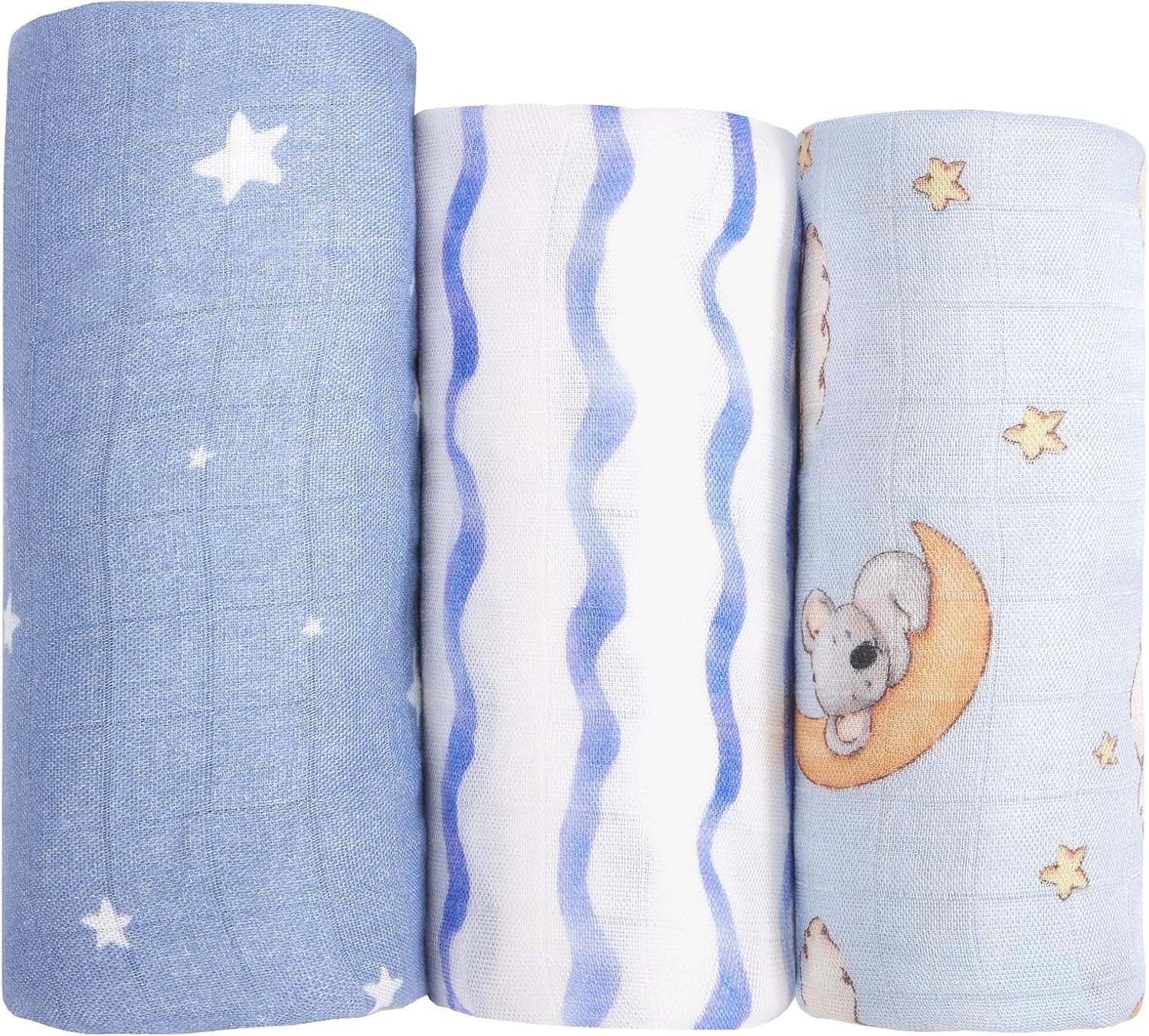 hahaland Muslin Swaddle Blankets Bamboo - 3-Pack, 1 Large (47" x 47") & 2 Standard (38" x 40") - Breathable Silky Soft Receiving Blankets Swaddles for Newborns Baby Boy Gifts Newborn Essentials, Blue