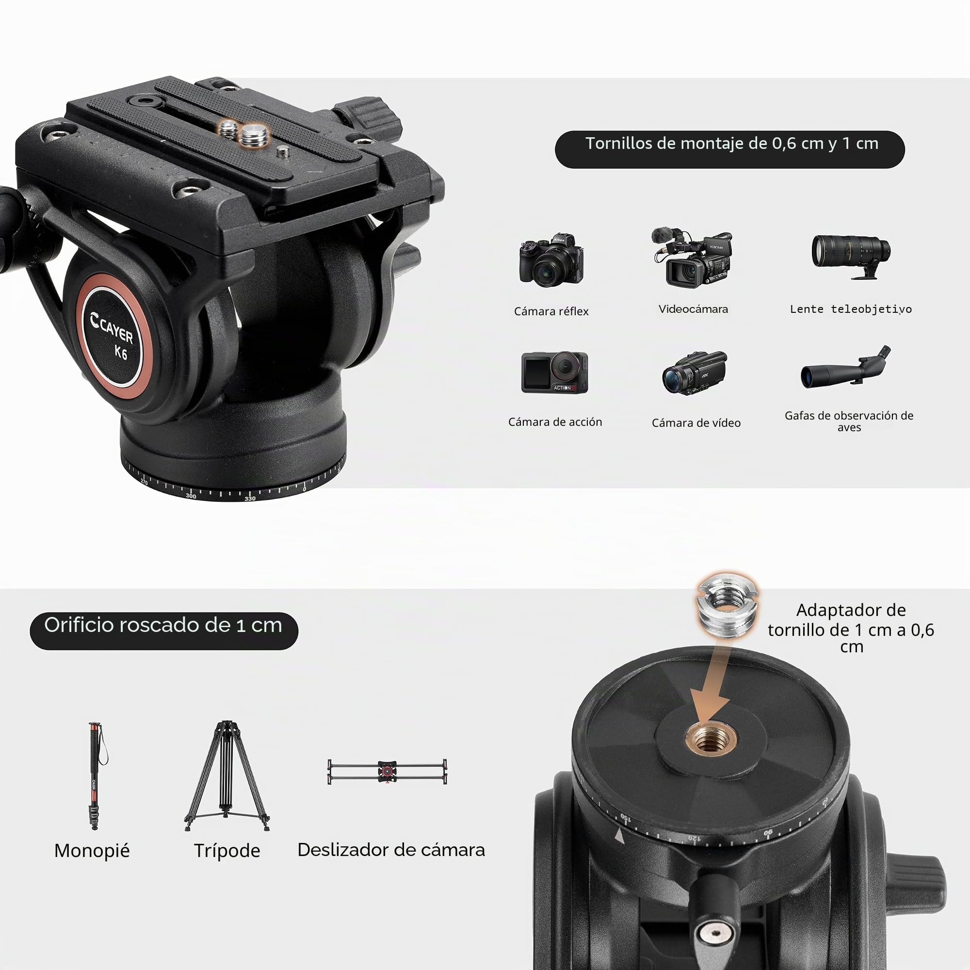 Cayer Vídeo Cabeza Fluida con Placa de Liberación Rápida, Mango Telescópico Base Escalada para Mirrorless, Cámaras de Vídeo y DSLRS, Compatible con Placa Gimbal para dji Serie RS, K6 | Carcasa de metal, mango de bandeja ajustable, movimiento fluido suave,