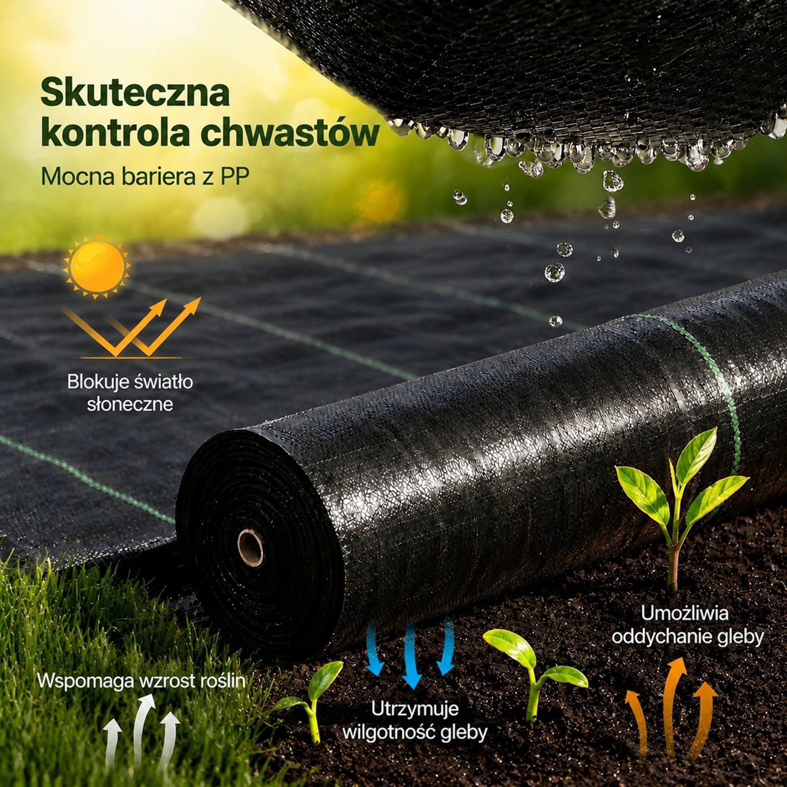 Mata przeciw chwastom w rolce, czarna tkanina z polipropylenu z liniami pomocniczymi i wykończonymi krawędziami do szklarni oraz gospodarstw