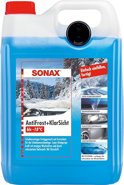 SONAX AntiFrost + Klarblick Citrus gotowy do użycia do -18°C (5 litrów), szybki, bez smug i efektywny środek do czyszczenia szyb na zimę, niebieski, nr art. 01345000