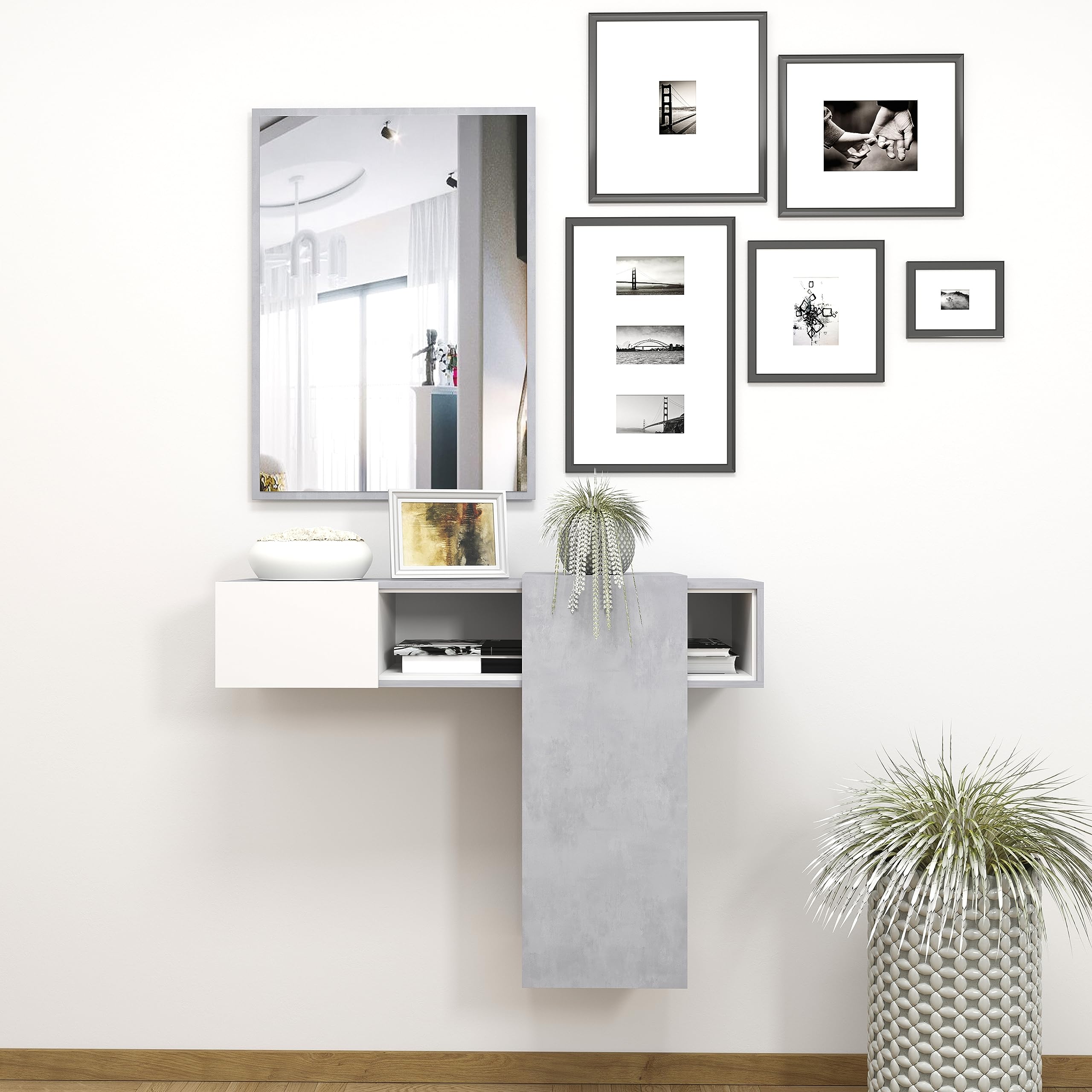 BRICOZONE Mobile Sospeso Scorrevole Da Ingresso Con Specchio Moderno Contemporaneo Salvaspazio Innovativo Funzionale Pensili Pannelli Legno Rettangolare Parete 100 x 31.5 x 75 cm Bianco Grigio Cemento