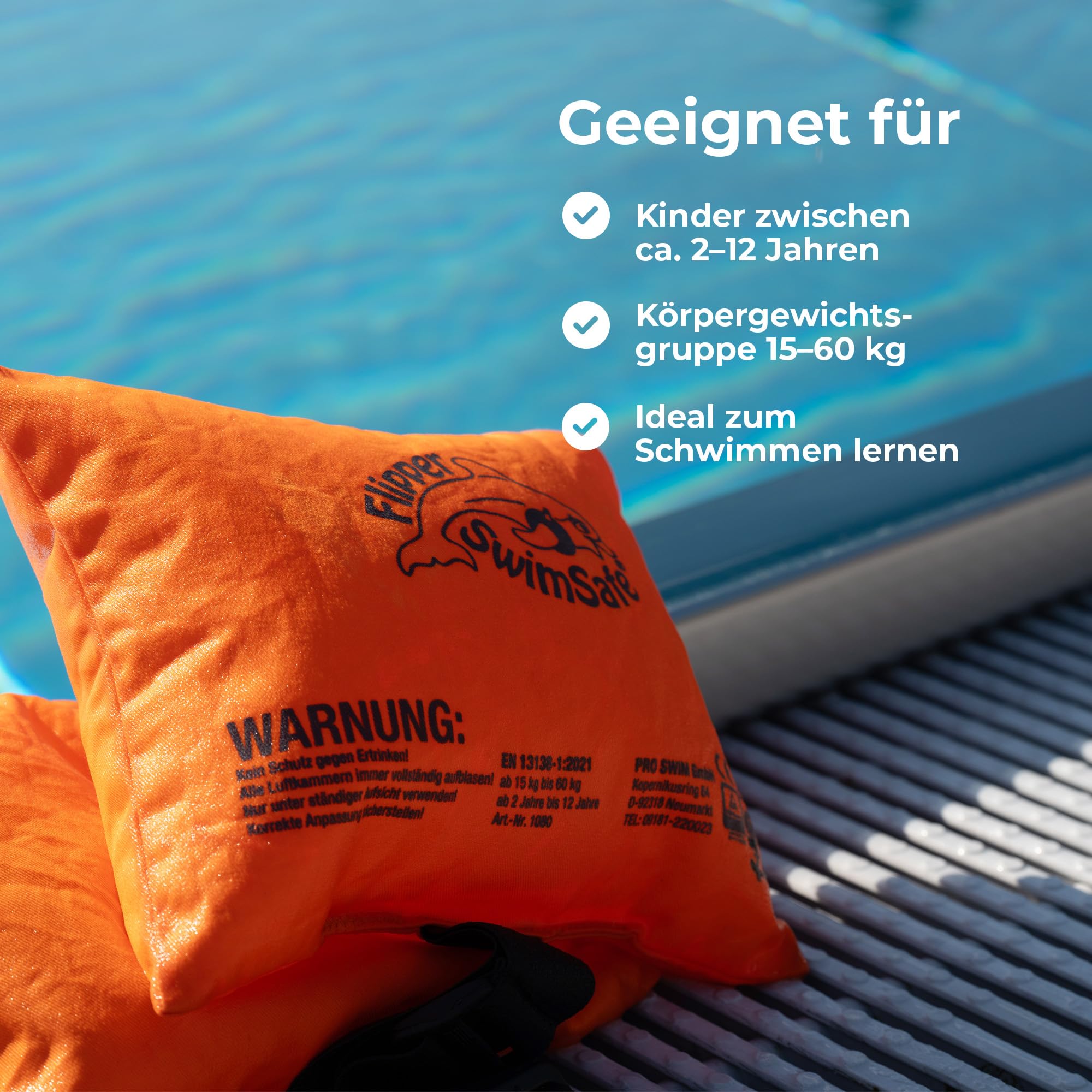 Flipper SwimSafe 1080 - Schwimmkissen für Kleinkinder aus Baumwolle, sichere Schwimmhilfe mit verstellbarem Gummiband zum Schwimmen lernen, Orange