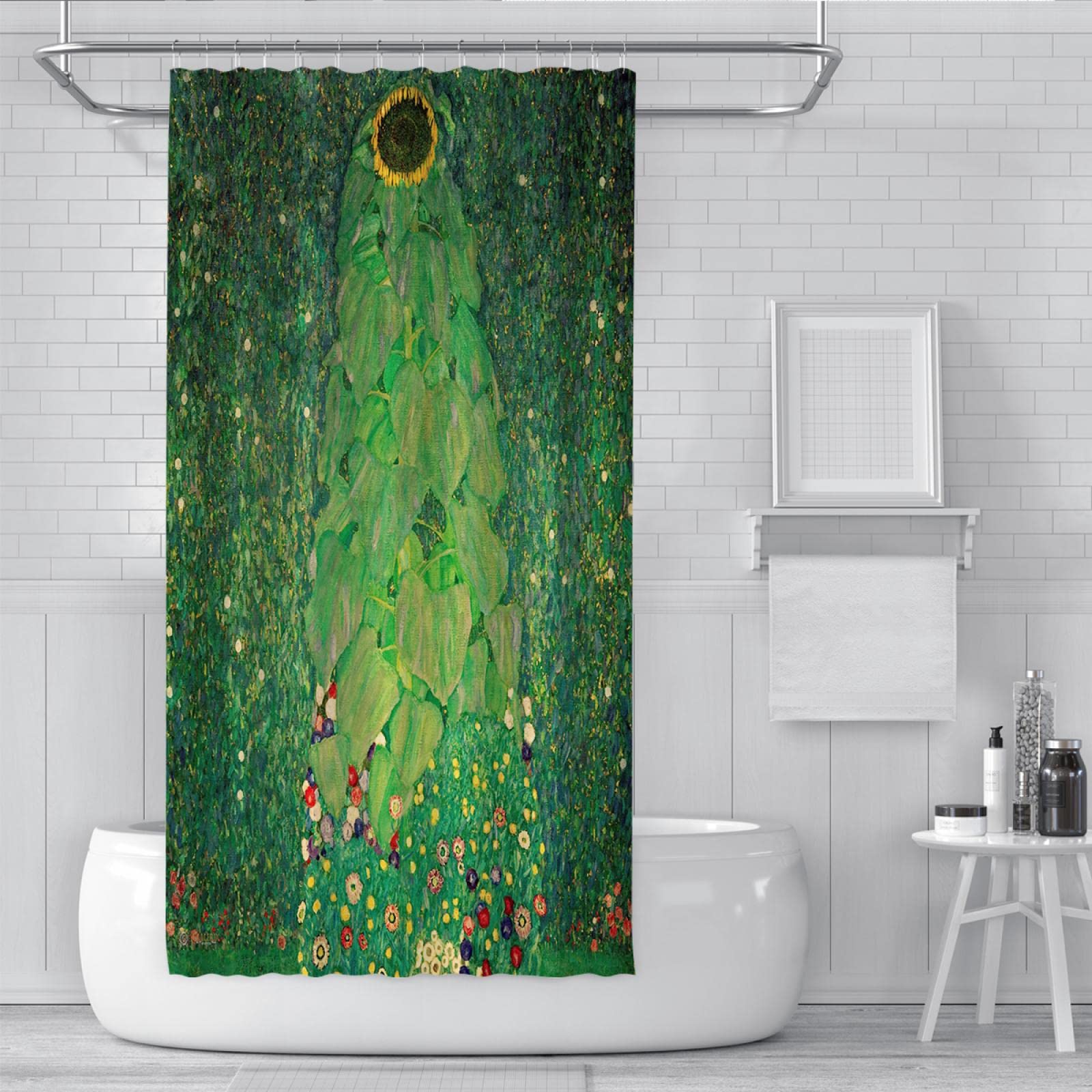 Zasłona prysznicowa Gustav Klimt w kwiaty, zielona, vintage, zasłony prysznicowe do łazienki, ochrona prywatności, zestaw zasłon prysznicowych z haczykami, 200 x 240 cm