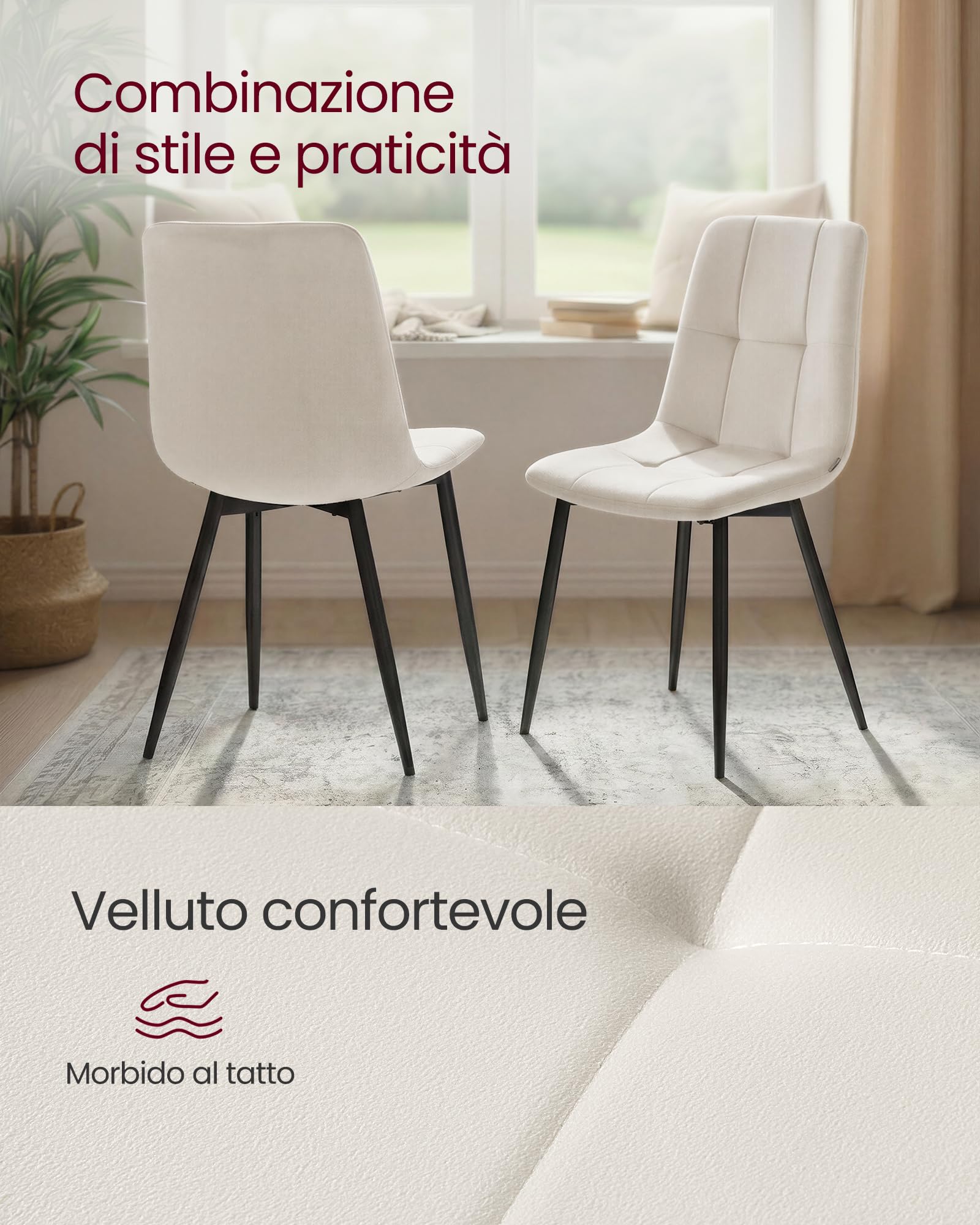 VASAGLE Sedie da Pranzo in Velluto, Portata 120 kg Ciascuna, Sedie da Cucina Imbottite con Piedini Regolabili, Moderno, per Soggiorno, Set di 4, Beige Cappuccino KDC080LH01