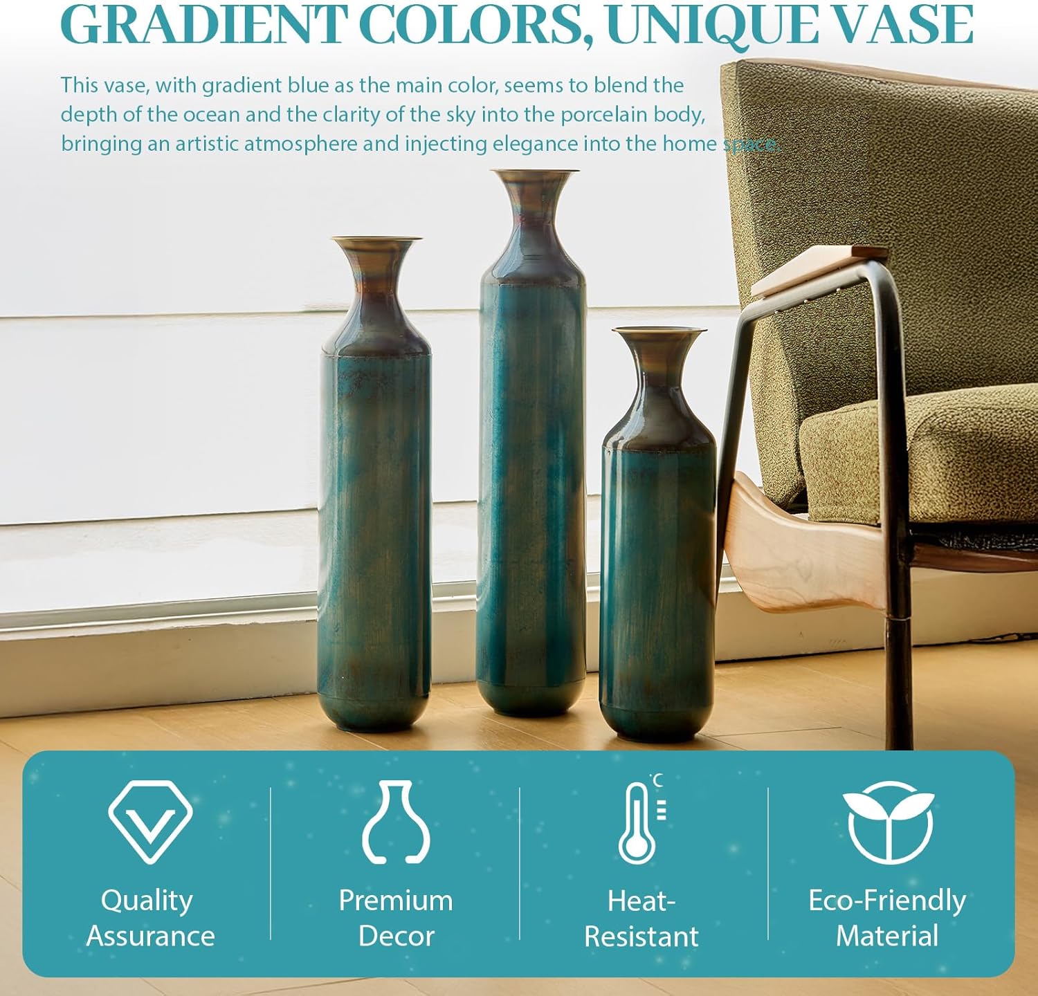 3-piece/Set Large Metal Floor Vases, Decorative Tall Set of 3 Handmade Vintage Modern Home Decor Center Vases Standing Flower Holder for Home Décor Indoor (Vintage Blue)