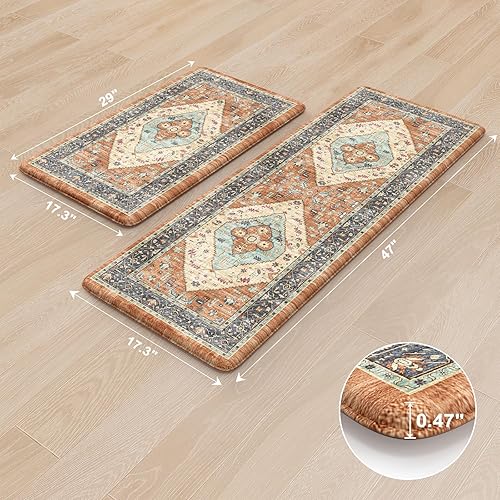 Vista 13 de KIMODE - Juego de 2 tapetes de cocina bohemios, antifatiga, antideslizantes, impermeables, ergonómicos, acolchados, cómodos, para lavandería, Caqui