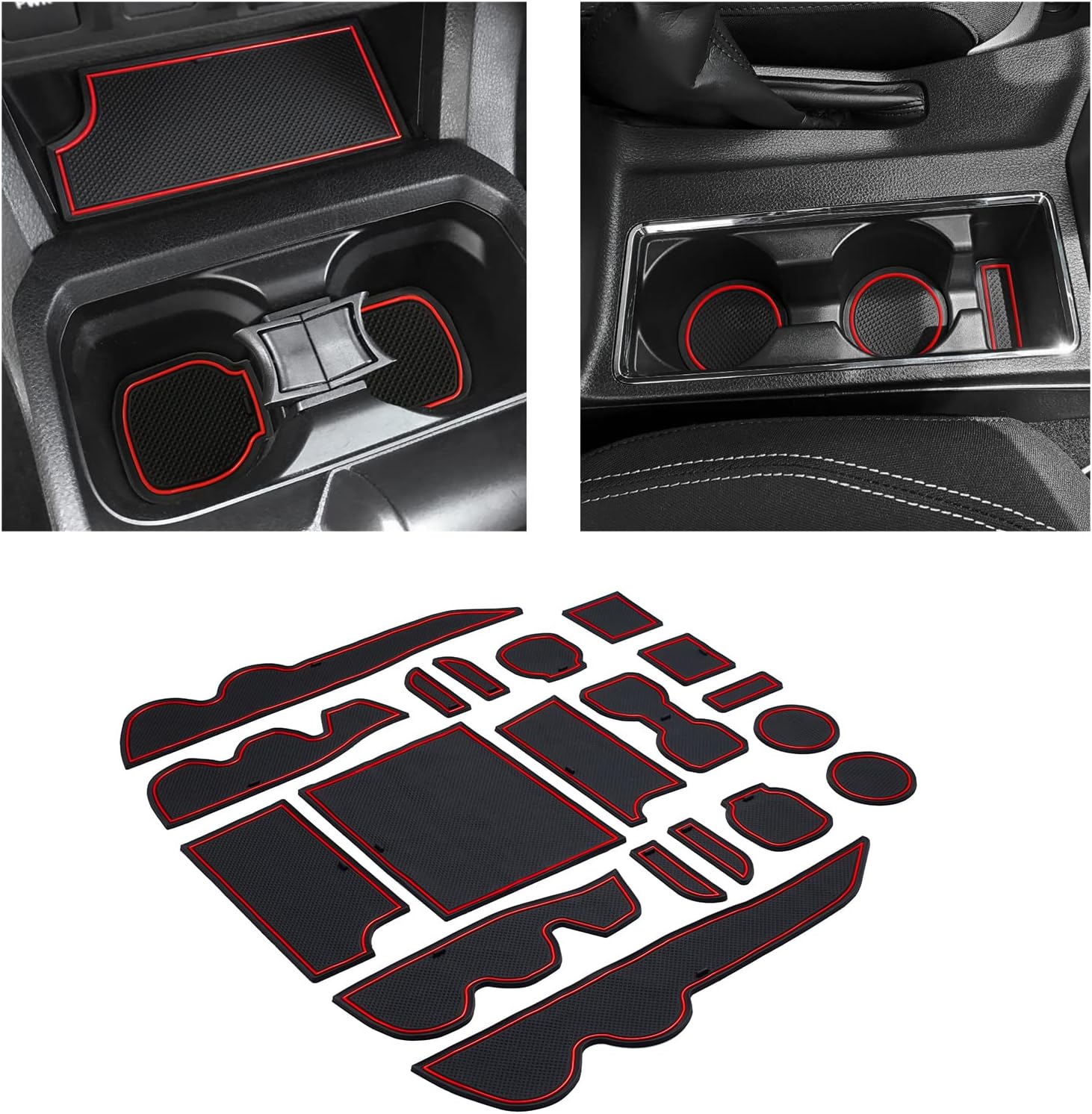 JKCOVER Premium Custom Liner Mat Accessories Compatible with Toyota Tacoma 2016 2017 2018 2019 2020 2021 2022 2023, Cup Holder, Door Pocket and Center Console Inserts 19 Pcs (Double Cab, Red Trim)