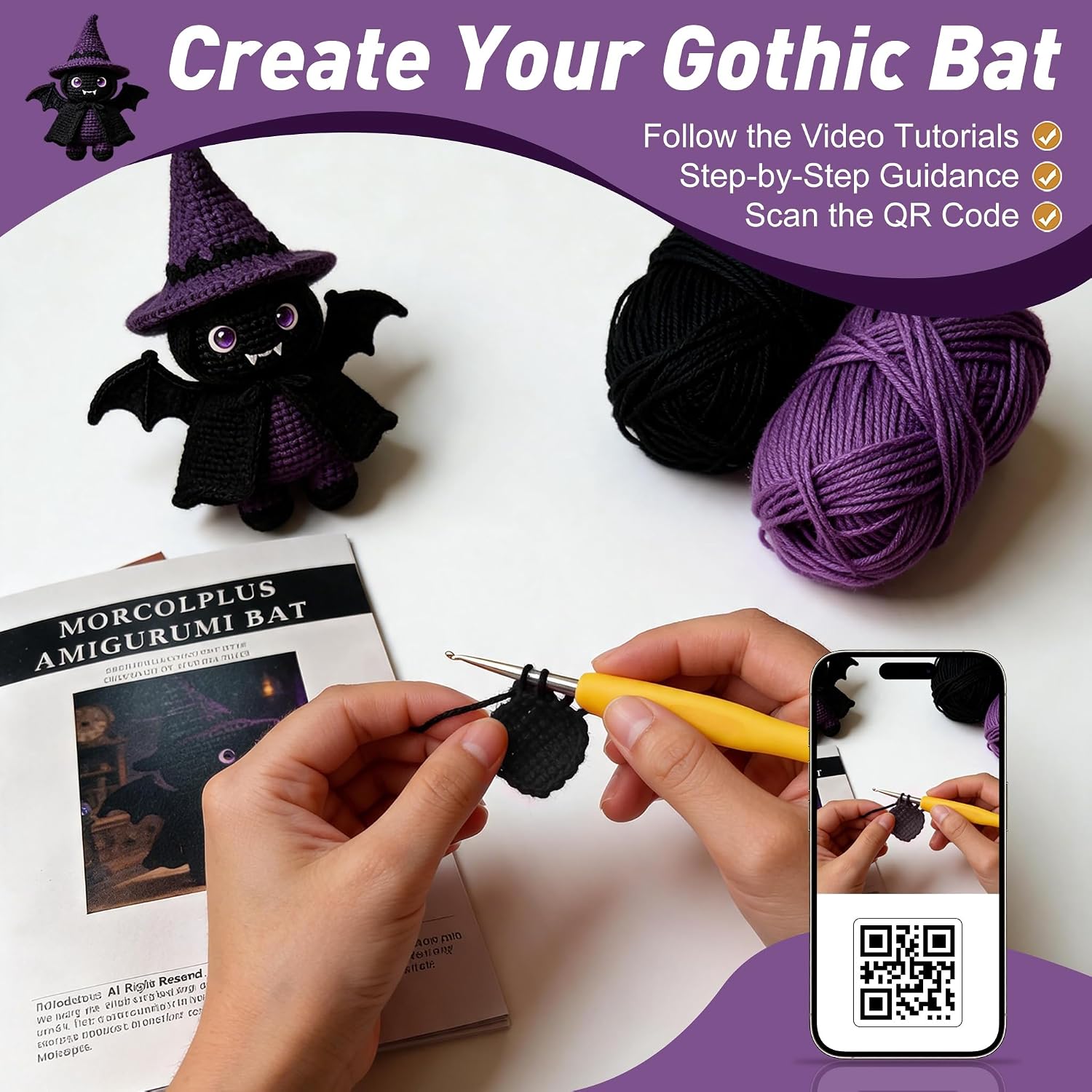 Morcolplus Bat Crochet Kit for Adults, Intermediate Gothic Amigurumi Crochet Kit with Step-by-Step Video Tutorials and All Materials Included, Gothic Room Decor Gift
