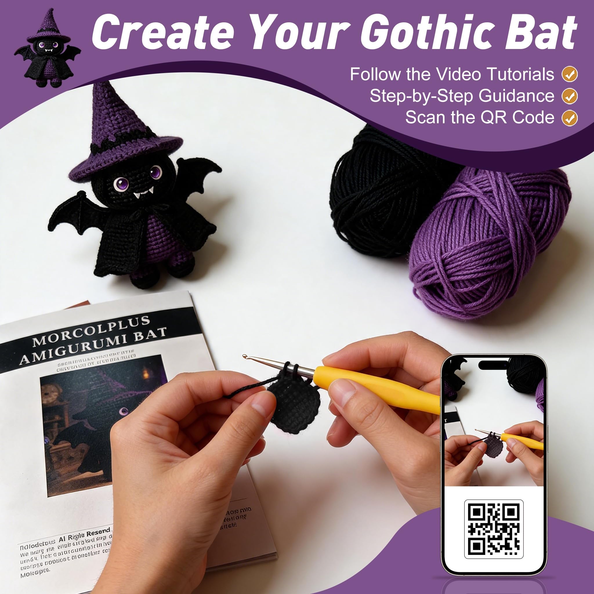 Morcolplus Kit de ganchillo de murciélago para principiantes y adultos, kit de iniciación de ganchillo gótico de murciélago amigurumi con tutoriales en video y todos los materiales incluidos, kit de