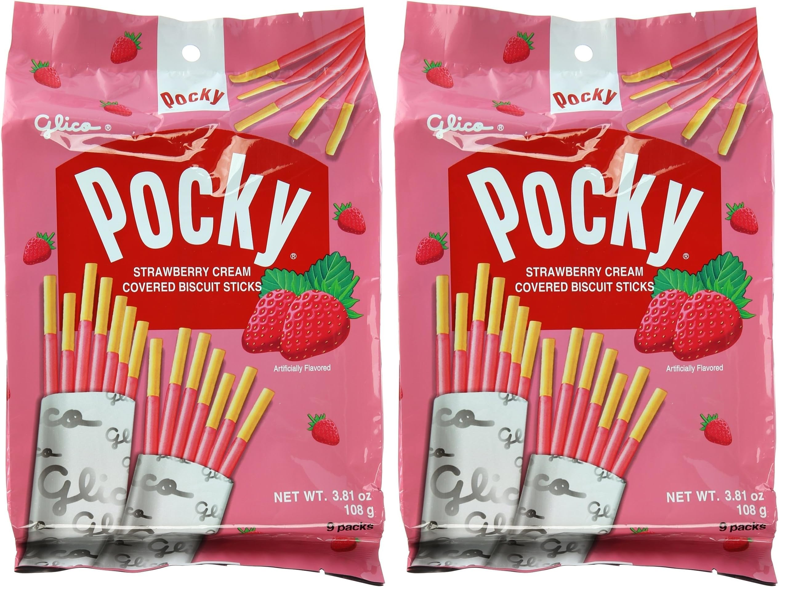 Pocky, Strawberry Cream Covered Biscuit Sticks (9 Individual Bags), 3.81 oz (Pack of 2)