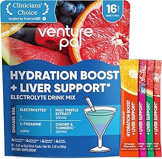 Hydration Packets + Liver Support- Liquid Daily IV Electrolyte Powder Packets with 7 Electrolytes & 5 Vitamins, Milk Thistle + L-Theanine | Sugar-Free | Keto Friendly | Vegan, 16 Sticks