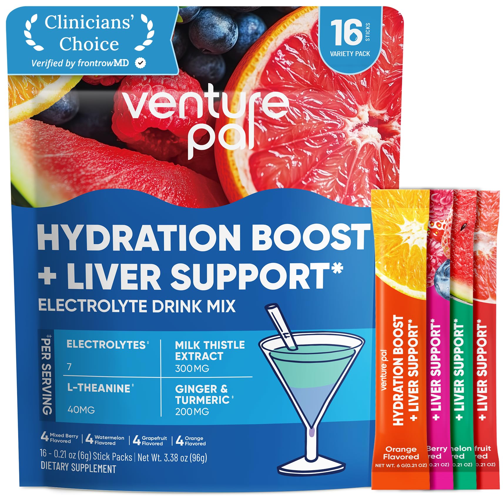 Hydration Packets + Liver Support- Liquid Daily IV Electrolyte Powder Packets with 7 Electrolytes & 5 Vitamins, Milk Thistle + L-Theanine | Sugar-Free | Keto Friendly | Vegan, 16 Sticks