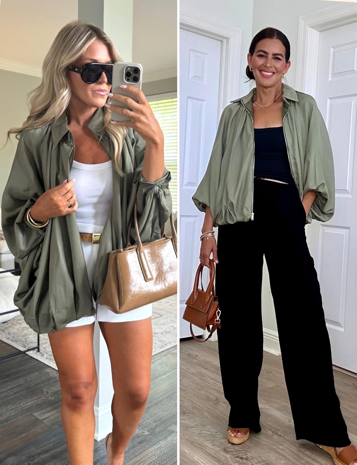 Womens Casual Puffed Bomber Jackets Lightweight Pleats Bubble Sleeves Lapel Collar Zipper Shirts Streetwear - Image 6