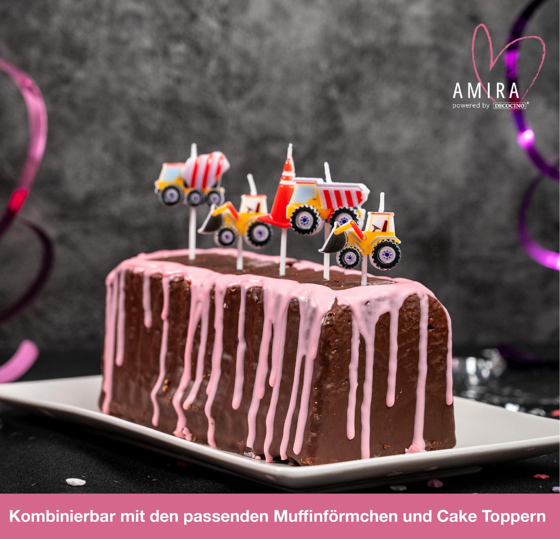 DECOCINO Meets AMIRA 5-częściowy zestaw świec, plac budowy, idealna dekoracja do tortów, muffinek i ciast, tortów urodzinowych, na imprezę, dla chłopców, placu budowy, koparki, ciężarówki, ciężarówki