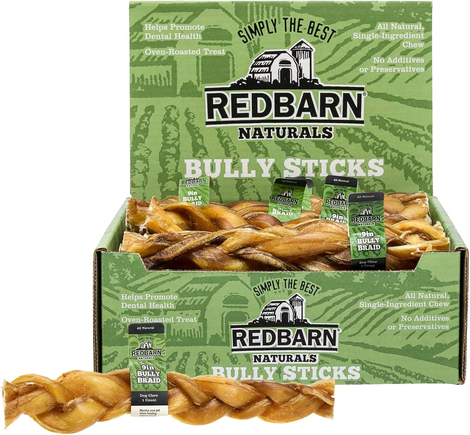 Redbarn 9" Braided Bully Sticks for Dogs. Natural, GrainFree, Highly Palatable