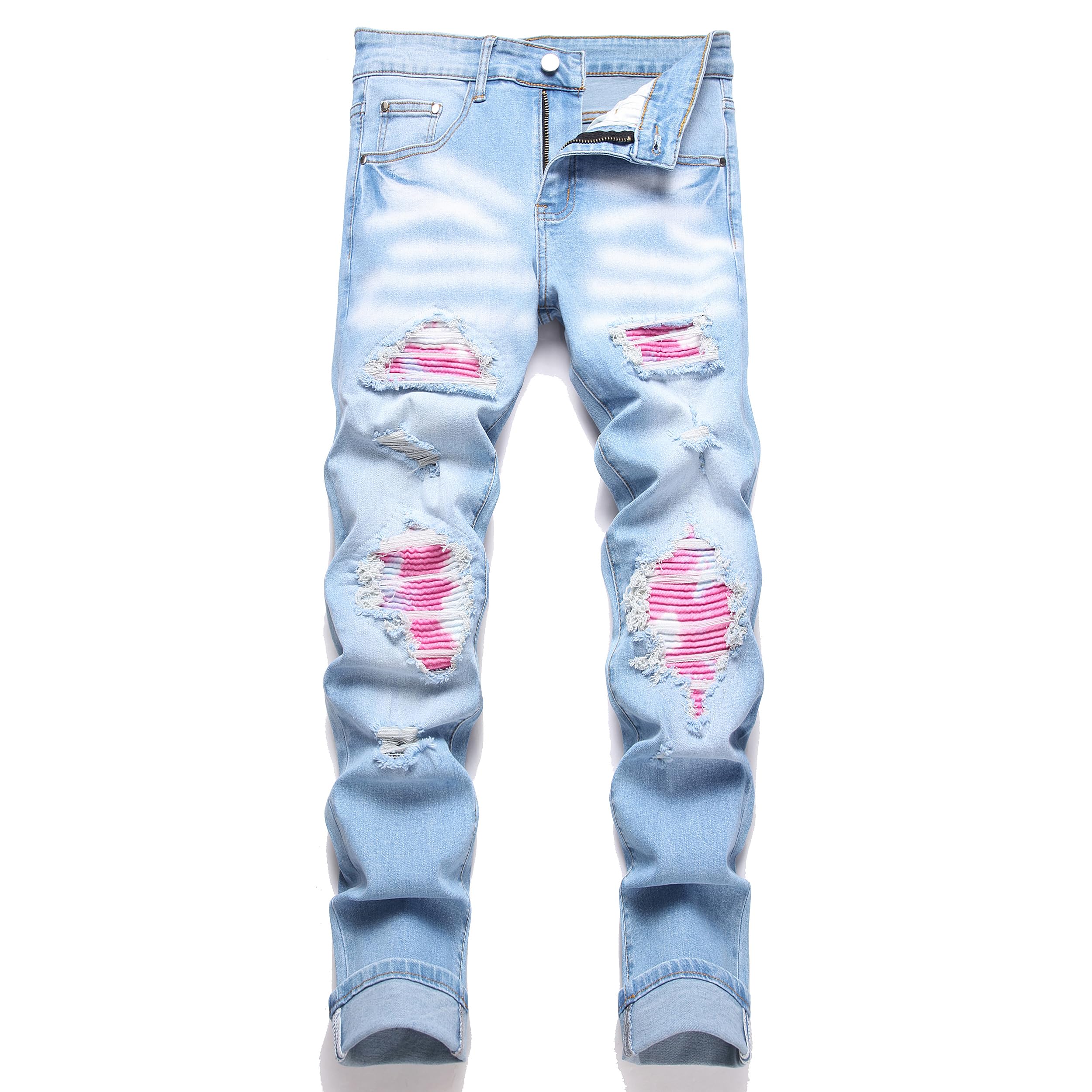 GHYYHG Men's Ripped Patch Elastic Jeans Fashion Slim Fit Regular Denim Pants