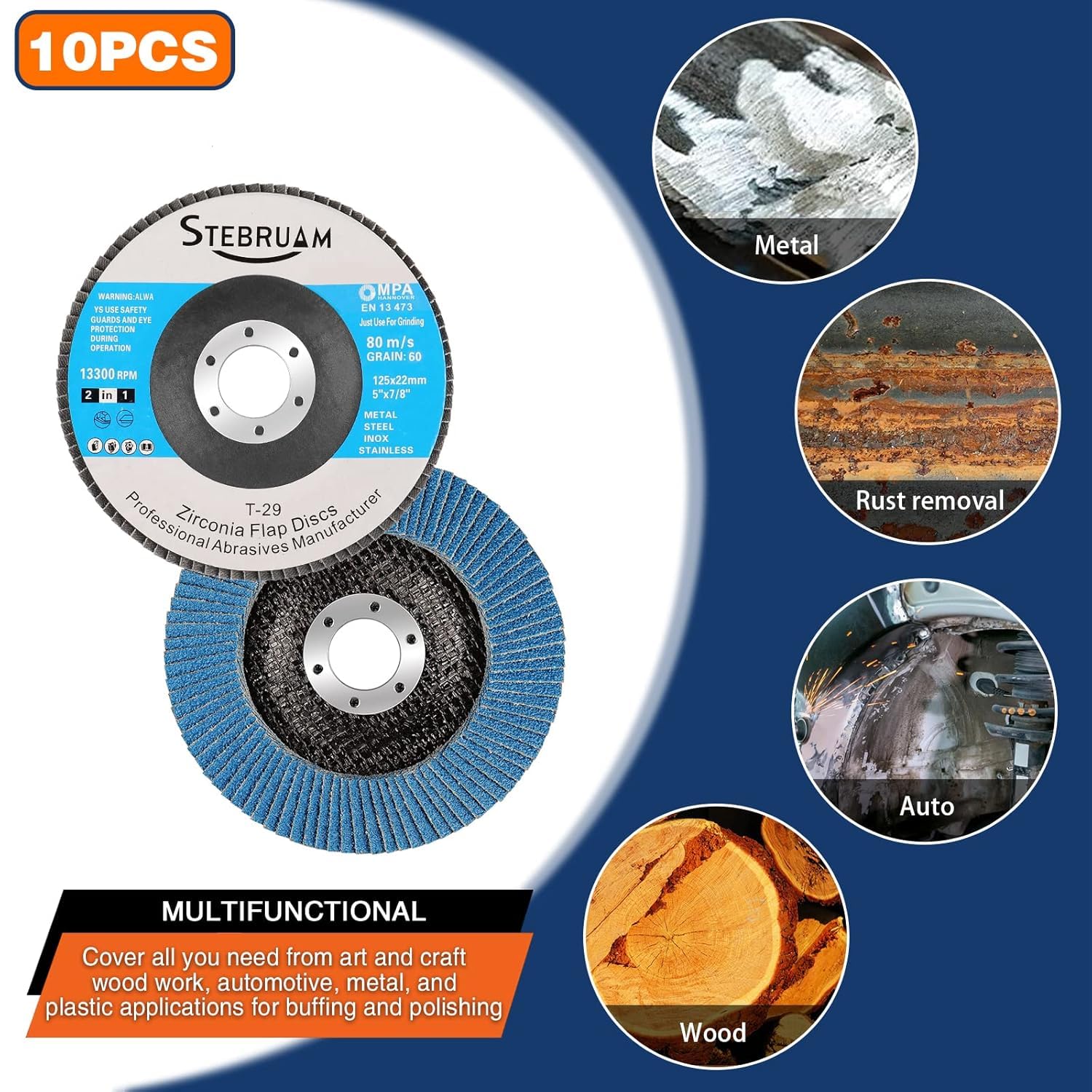 STEBRUAM 10 pezzi dischi lamellari da 125 mm, Disco Abrasivi grana 60, per Smerigliatrice Angolare a Batteria, GWS, BTI, Acciaio Inossidabile Metallo e Legno