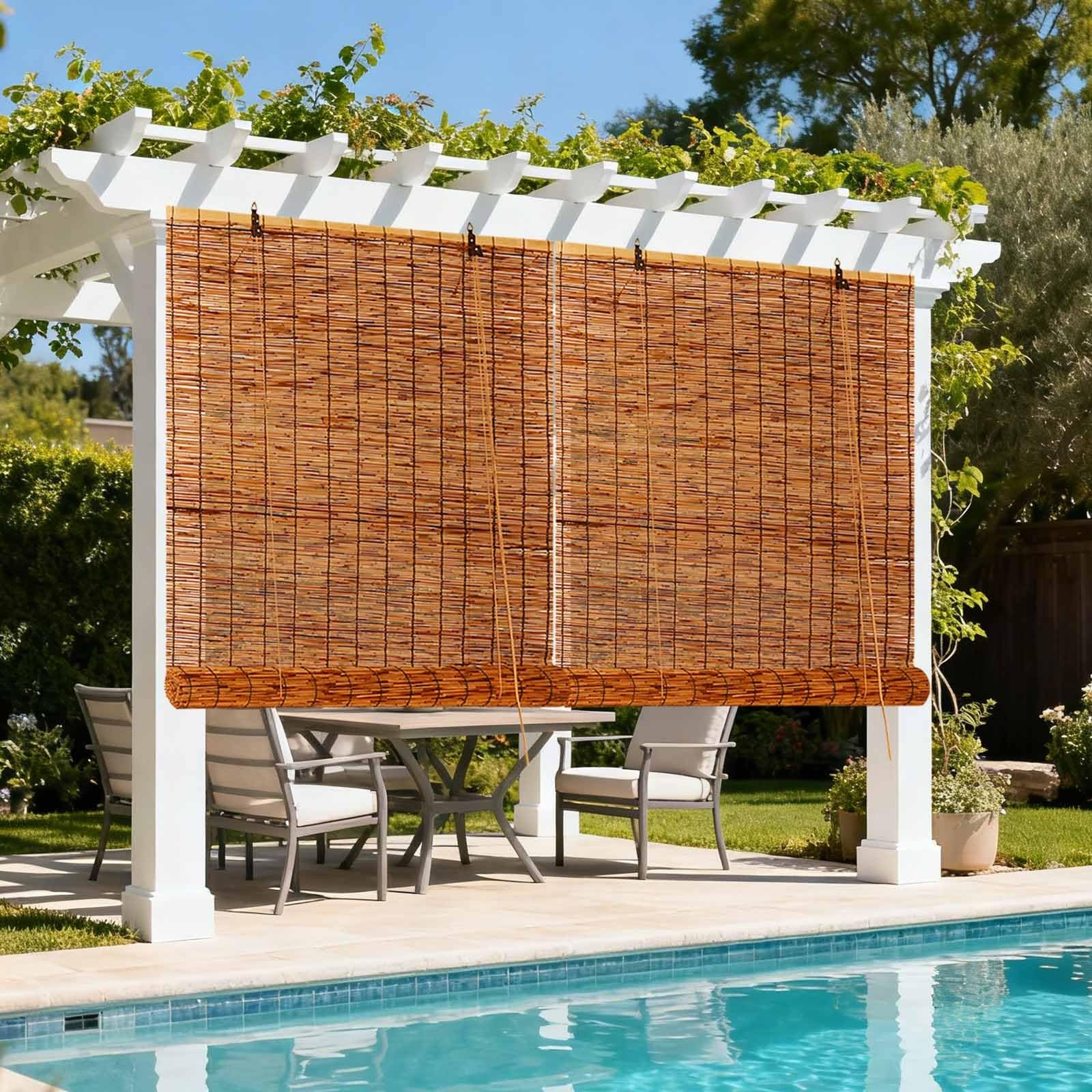 Natural Bamboo Blinds No Drilling 55 90 100 110 120 140 150 160 180cm Outdoor Roller Blinds Waterproof Roman Blind for Windows Shutters Kitchen Garden Porch Shades Easy to Install Brown(W150xH180cm)