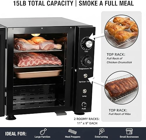 Miniatura 2 de Ahumador eléctrico, gabinete para ahumar de 2 estantes de 800 W con controles de perilla, rango de 86 a 230 F y temporizador de 1 a 12 horas,