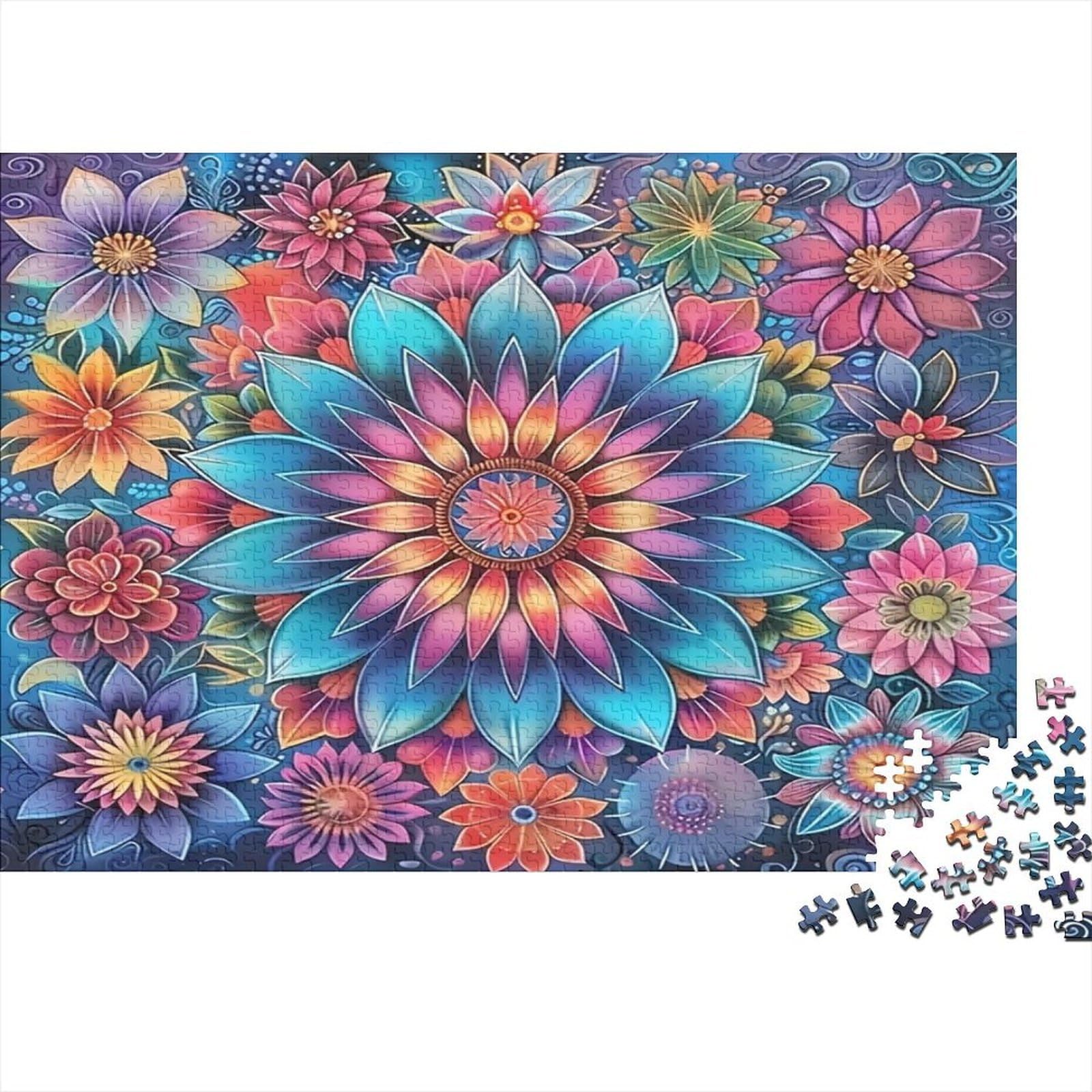 Colorful Flower Mandala Jigsaw Puzzles Puzzle for Adults Kids. 1000 Pieces Tropical Feathered Creature Impossible Challenge Toy Educational Game Home Decoration for Adults& Kids Age 14 Years Up 52x38c