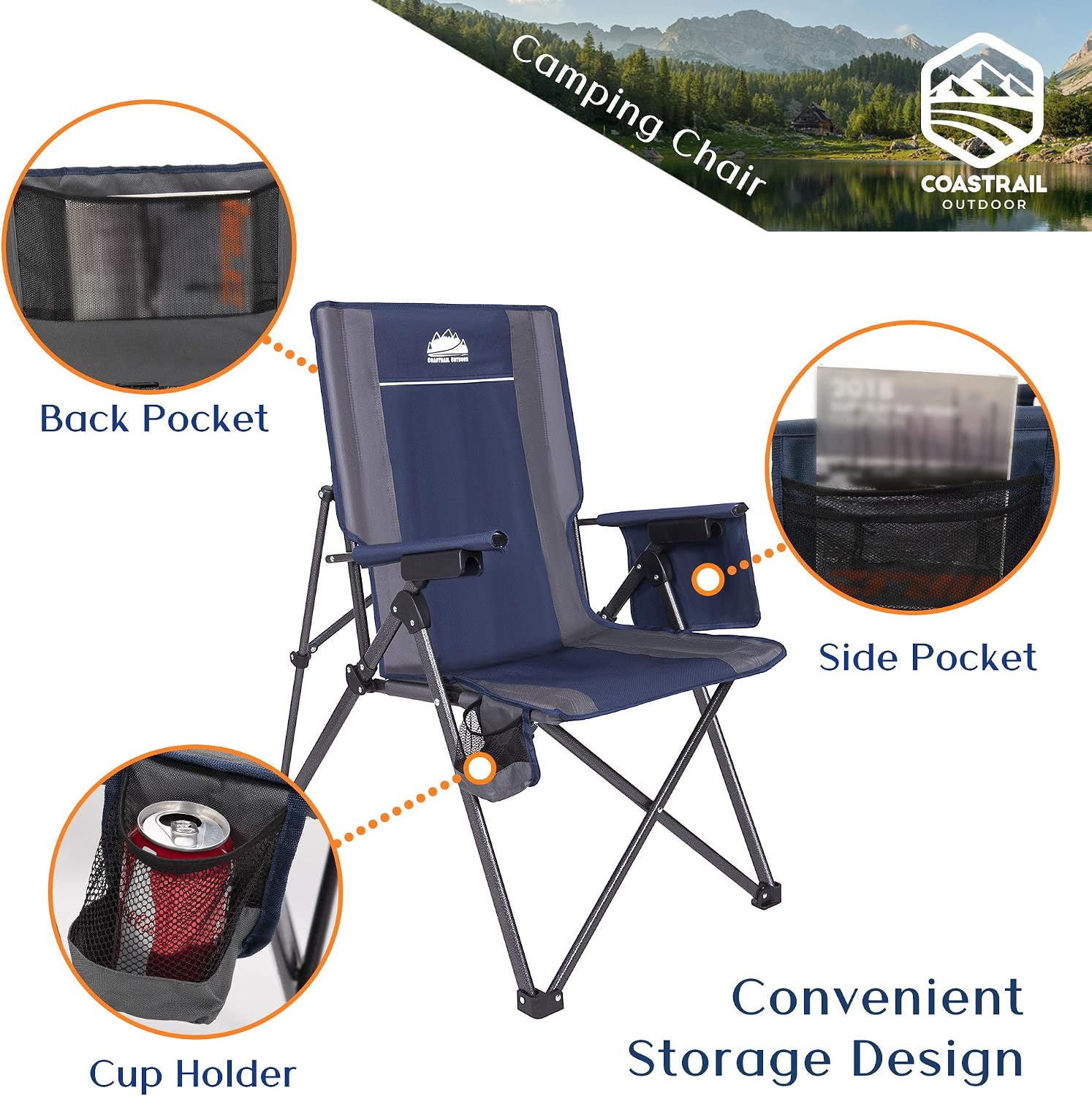 Coastrail Outdoor Reclining Camping Chairs Adjustable 3 Position Foldable Heavy Duty Steel 300 LBS Capacity for Adults Lounge with Cup Holder & Storage Folding Lawn Chair Patio Outdoor, Navy&Gray