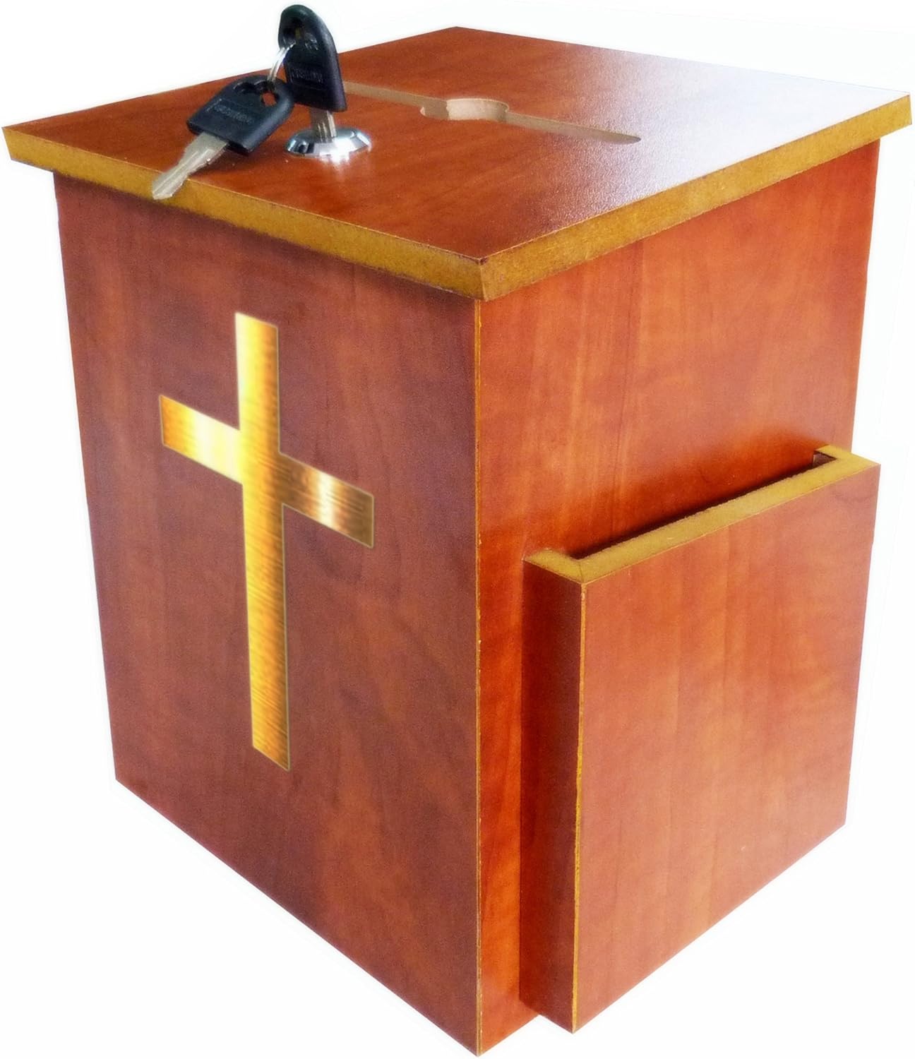 FixtureDisplays® Wood Fund-Raising Box Comment Collection Suggestion Box Donnation Charity Box w/ 3 x 5" Gold Christian Cross Sticker Cross Sticker Flexible Application 11463+16054