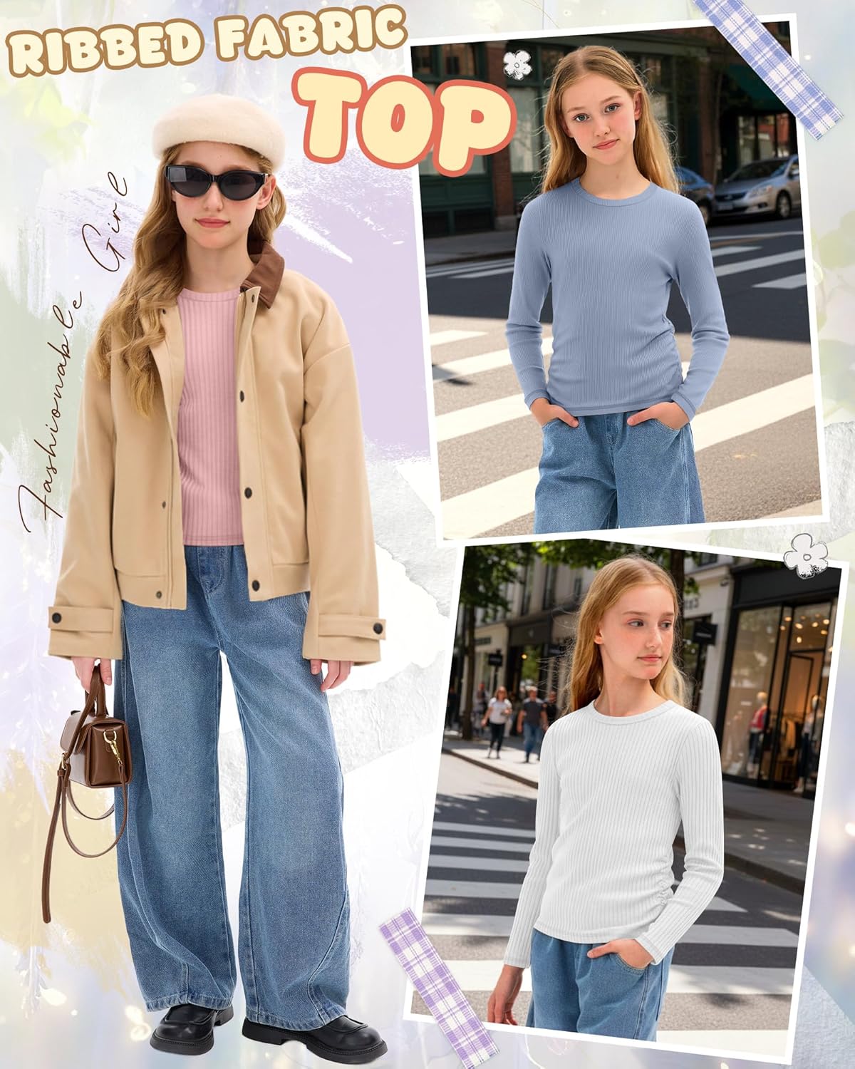 3 Pack Girls Long Sleeve Shirts Cotton Ribbed Knit Ruched Layer Tops Slim Fit Casual Undershirts Crewneck Tees - Image 6