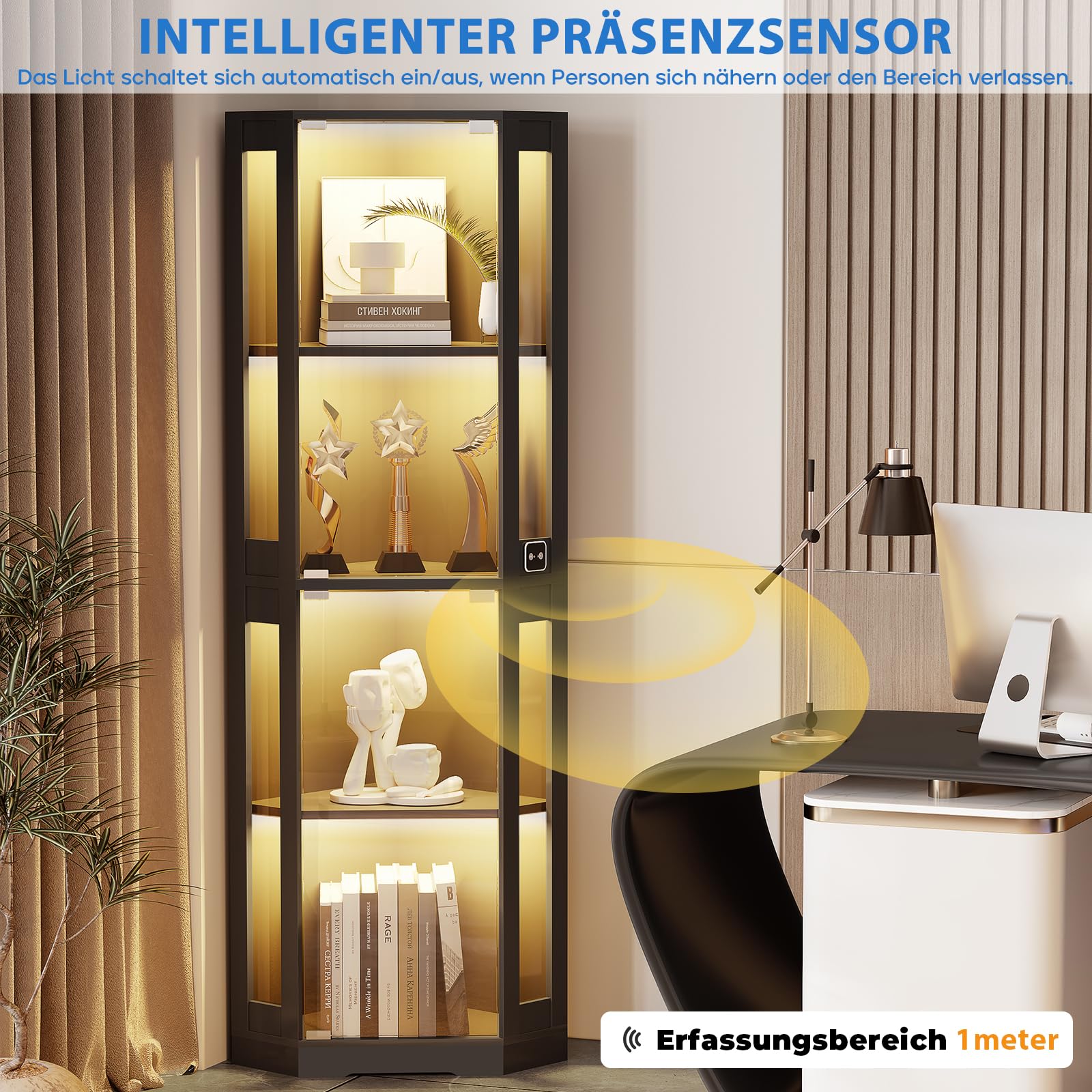 BROTTAR 165 cm Eck-Glasvitrine mit LED-Beleuchtung & 4-stufige Schauvitrine mit Glastüren und Human Body Sensor für Sammlerstücke, Spirituosen, Schwarz