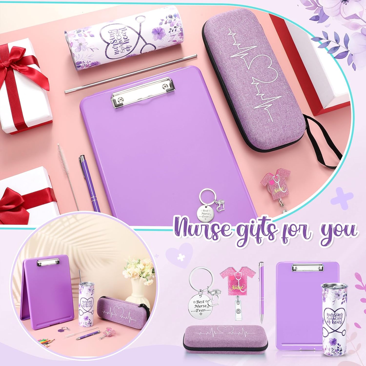 Patelai 7 Pcs Nurse Gifts for Women Nurse Appreciation Gifts Set Nurses Canvas Tote Bag Tumbler Keychain for Nursing Student Christmas Thanksgiving Thank You Birthday Gift(Purple,Classic)