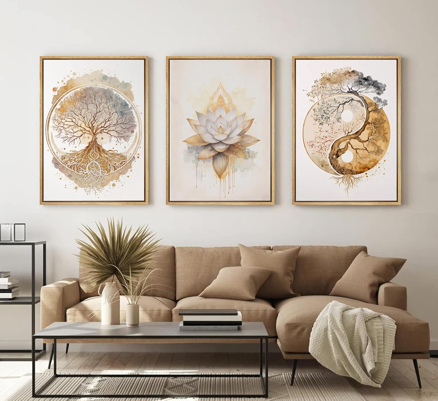 3pcs Framed Tree of Life Canvas Wall Art Gold Lotus Zen Painting Picture Wall Decor Abstract Yin Yang Poster Print Artwork for Living Room Yoga Room Hotel Bedroom Home Decoration Wood Color Framed