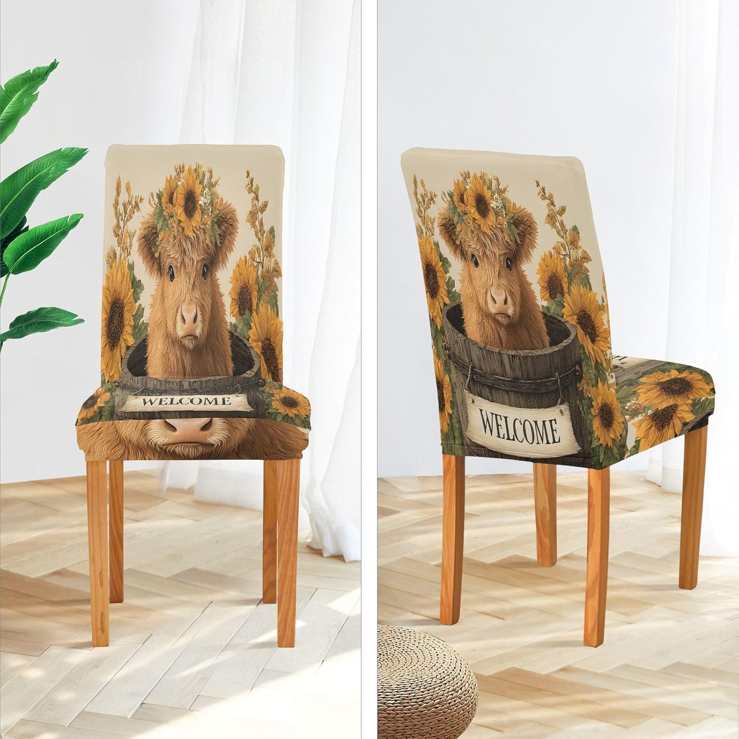 ALAZA Chair Covers for Dining Room, A Lovely Highland Cow Baby Sat in an Old Wooden Barrel with Big Flowers on His Head Surrounded by Stretch Chair Cover Sets Chair Protector Removable Washable fo