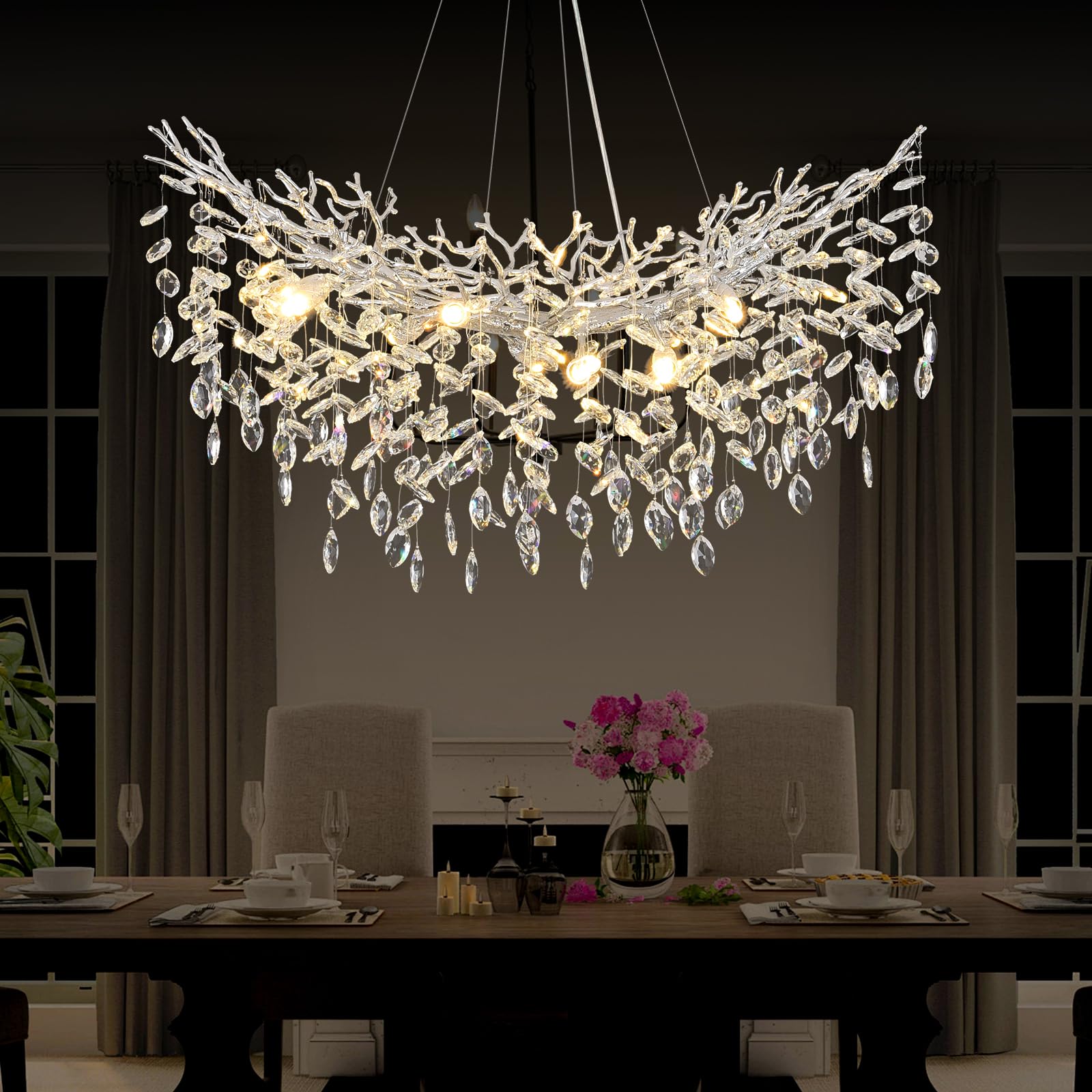 kvtinmty Modern Crystal Silver Chandelier, 36" Large Rectangular Oval Tree Branch Crystal Chandeliers for Dining Room,16-Light Flush Mount K9 Crystal