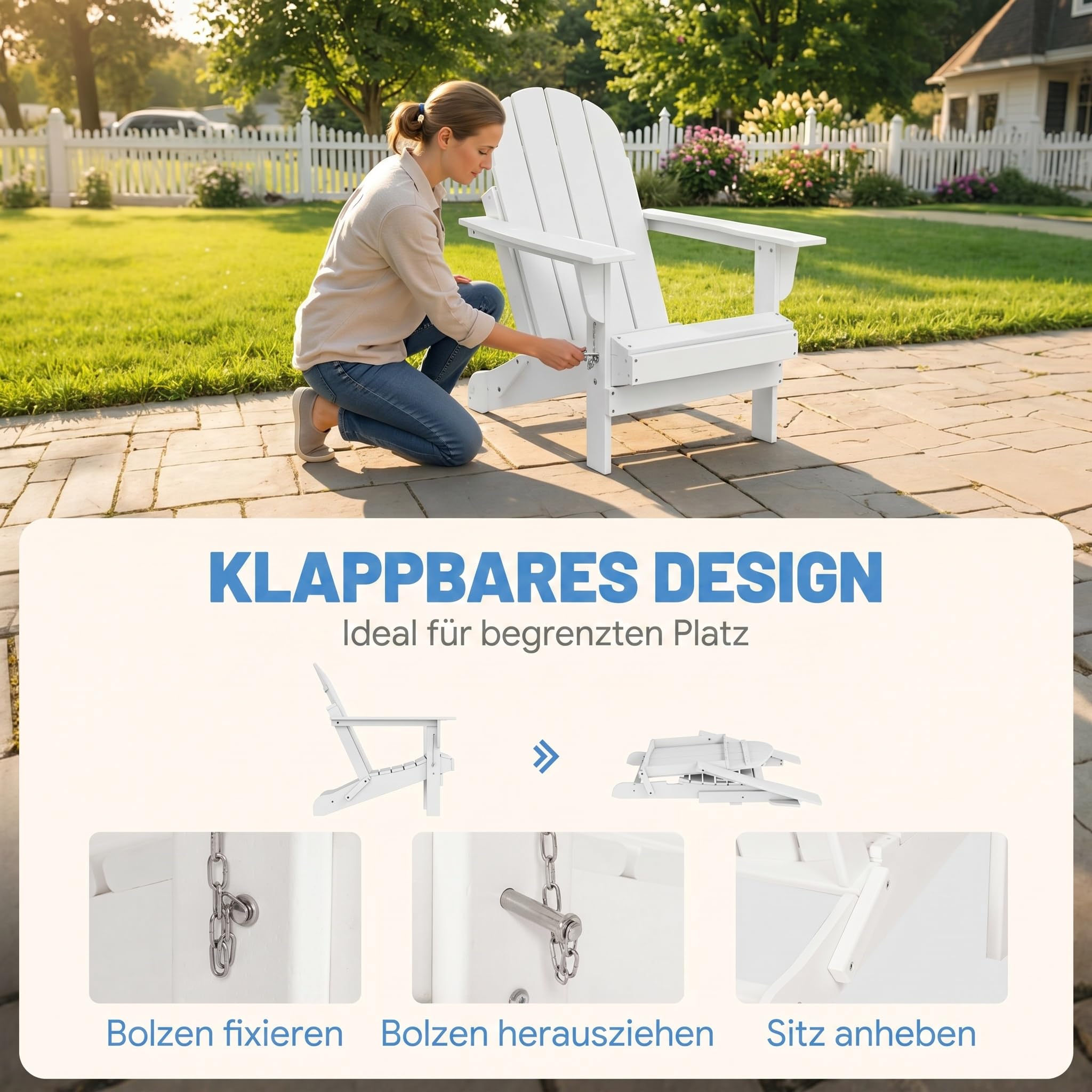 Outsunny Adirondack Chaise de jardin pliable Fauteuil de jardin Meuble de balcon Blanc 75 x 87 x 93 cm