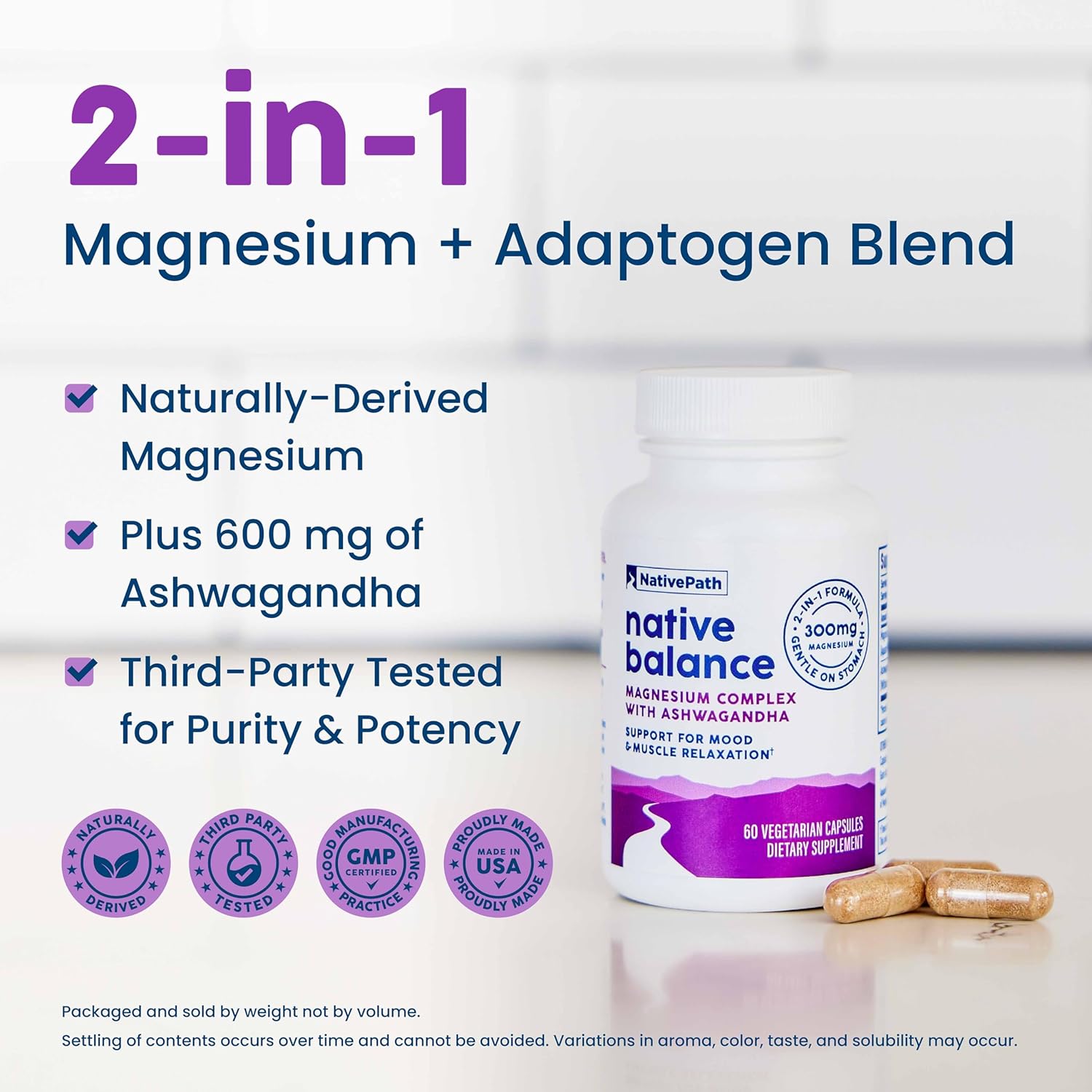 NativePath Native Balance Magnesium Supplement with Ashwagandha - High Absorption Aquamin Ocean-Sourced Formula - 60 Capsules
