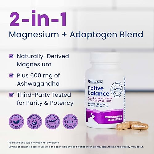 Miniatura 3 de NativePath Native Balance Suplemento de magnesio con Ashwagandha - Fórmula de Aquamina de alta absorción de origen oceánico - 60 cápsulas