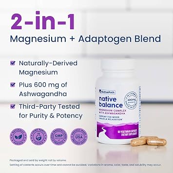 NativePath Balance Magnesium Glycinate with Ashwagandha, 60 Capsules | High-Absorption Chelated Form, Supports Calm, Relaxation, Restful Sleep, Muscle & Recovery, Adults