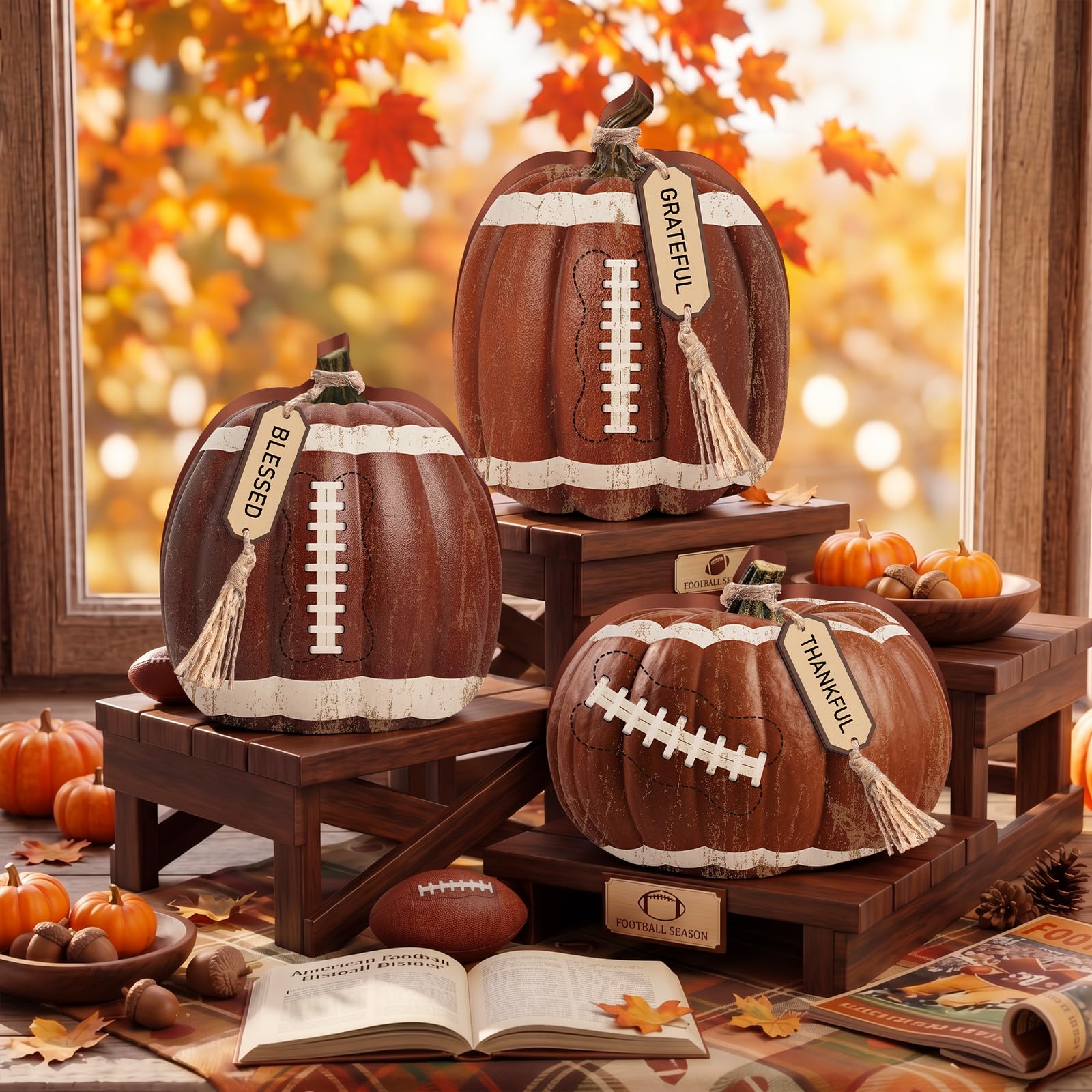 Photo 1 of Junkin Wood Football Pumpkin Decorations (Set of 3)