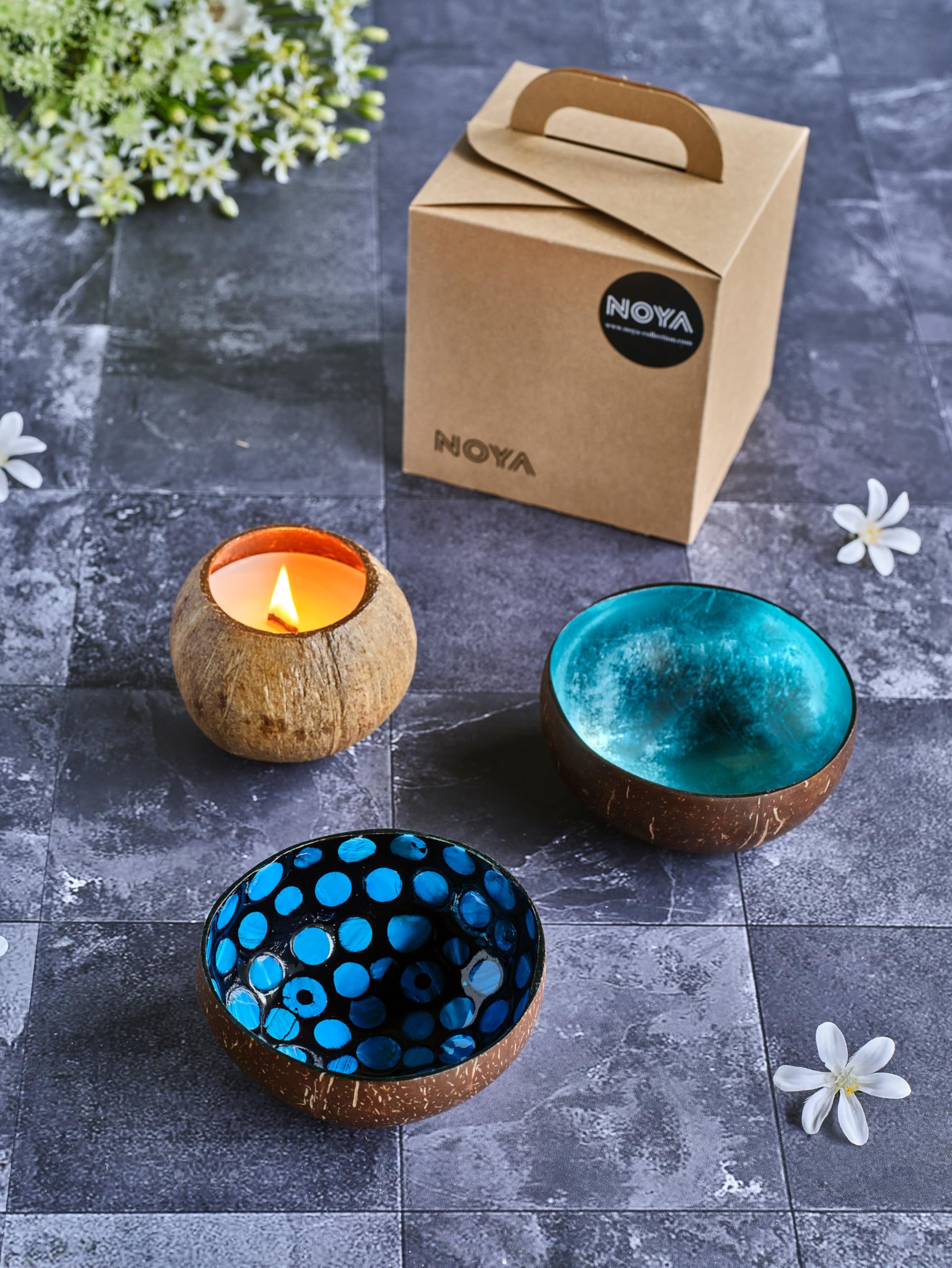 Noya Lot de 2 Bols couleurs Assortis+ 1 bougie parfumé, Noix de coco