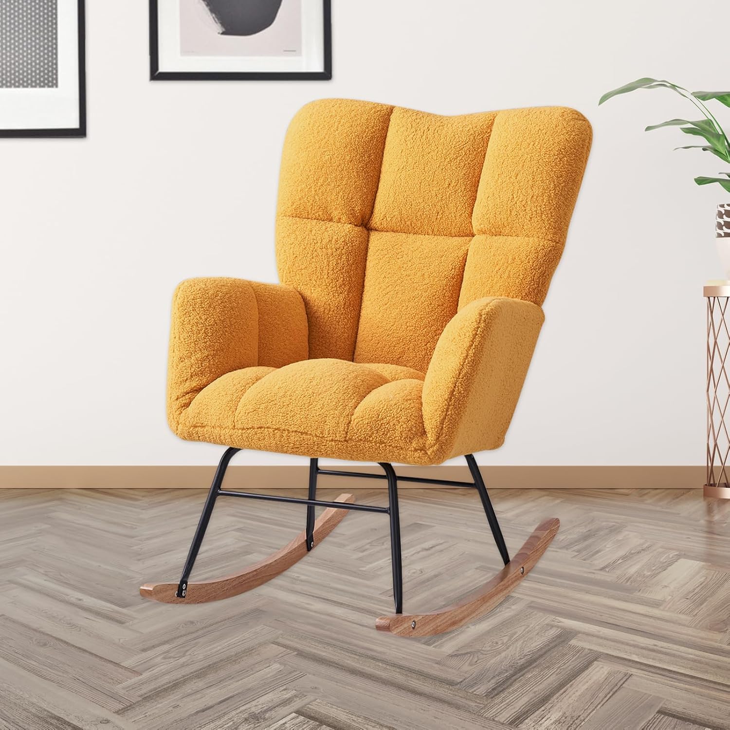 Virabit Modern Yellow Teddy Fabric Rocking Chair - Cozy High Backrest Nursery Glider Recliner for Living Room, Bedroom Reading Accent