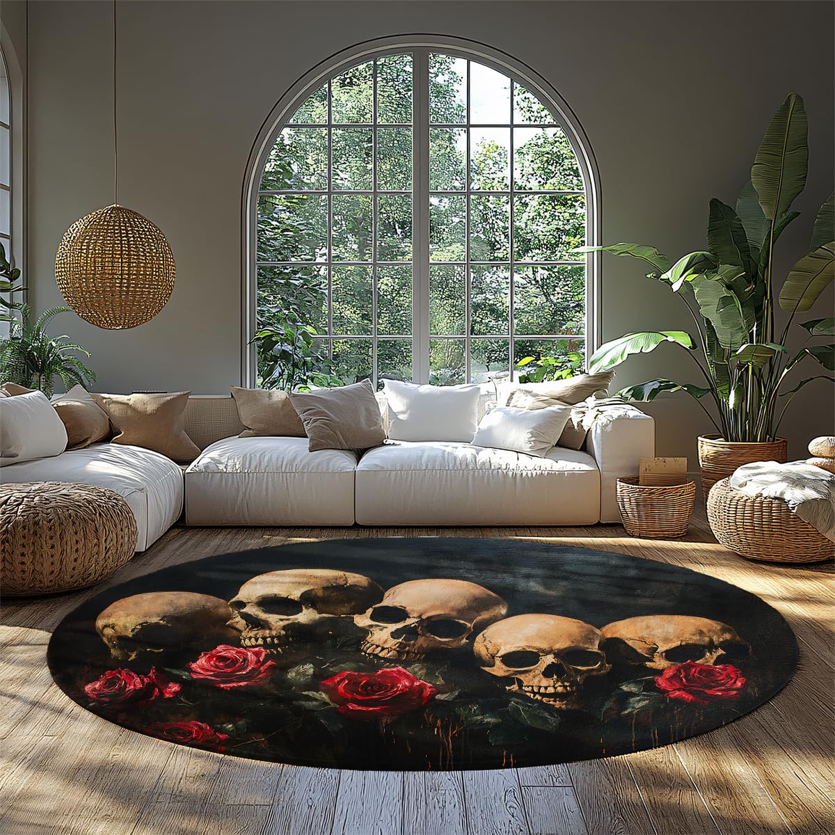 Tapis rond crânes et roses d'horreur style peinture à l'huile pour le salon
