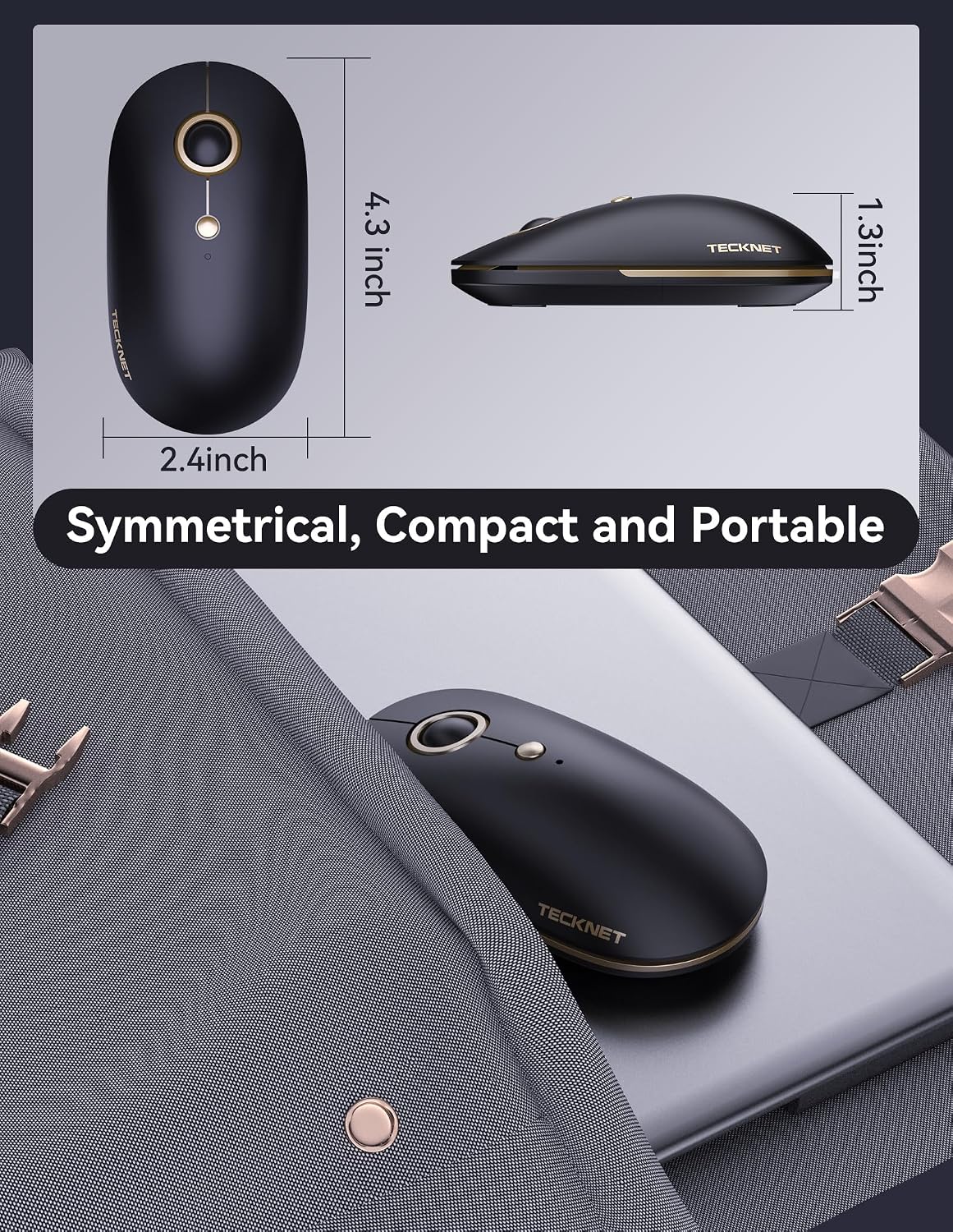 TECKNET Wireless Bluetooth Mouse, 3 Mode(Dual USB+2.4Ghz) Silent Computer Mouse Bluetooth Compatible with Chromebook MacBook Pro Air, Ambidextrous Portable Travel Mouse for Laptop PC - Black Gold