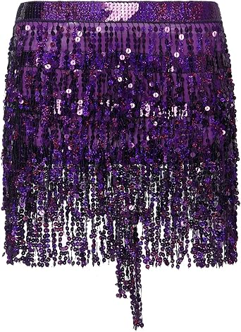 Women Sequins Belly Dance Skirt Rave Outfits Glitter Tassel Fringe Hip Scarf High Waist Shinny Party Mini Skirts